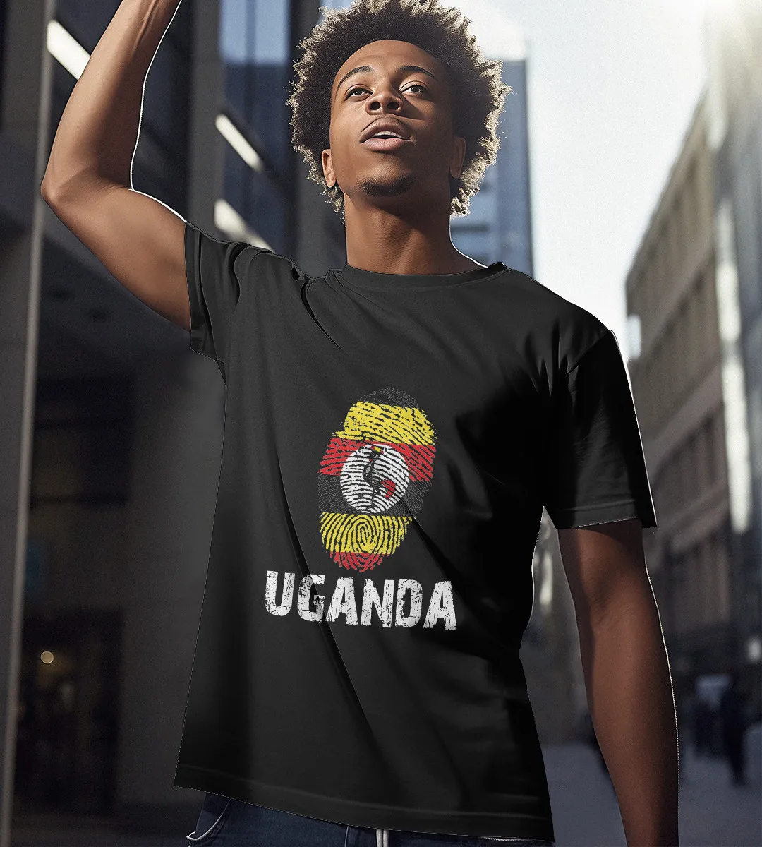 1sttheworld T-Shirt - Fingerprint Uganda Flag T-Shirt Black A35