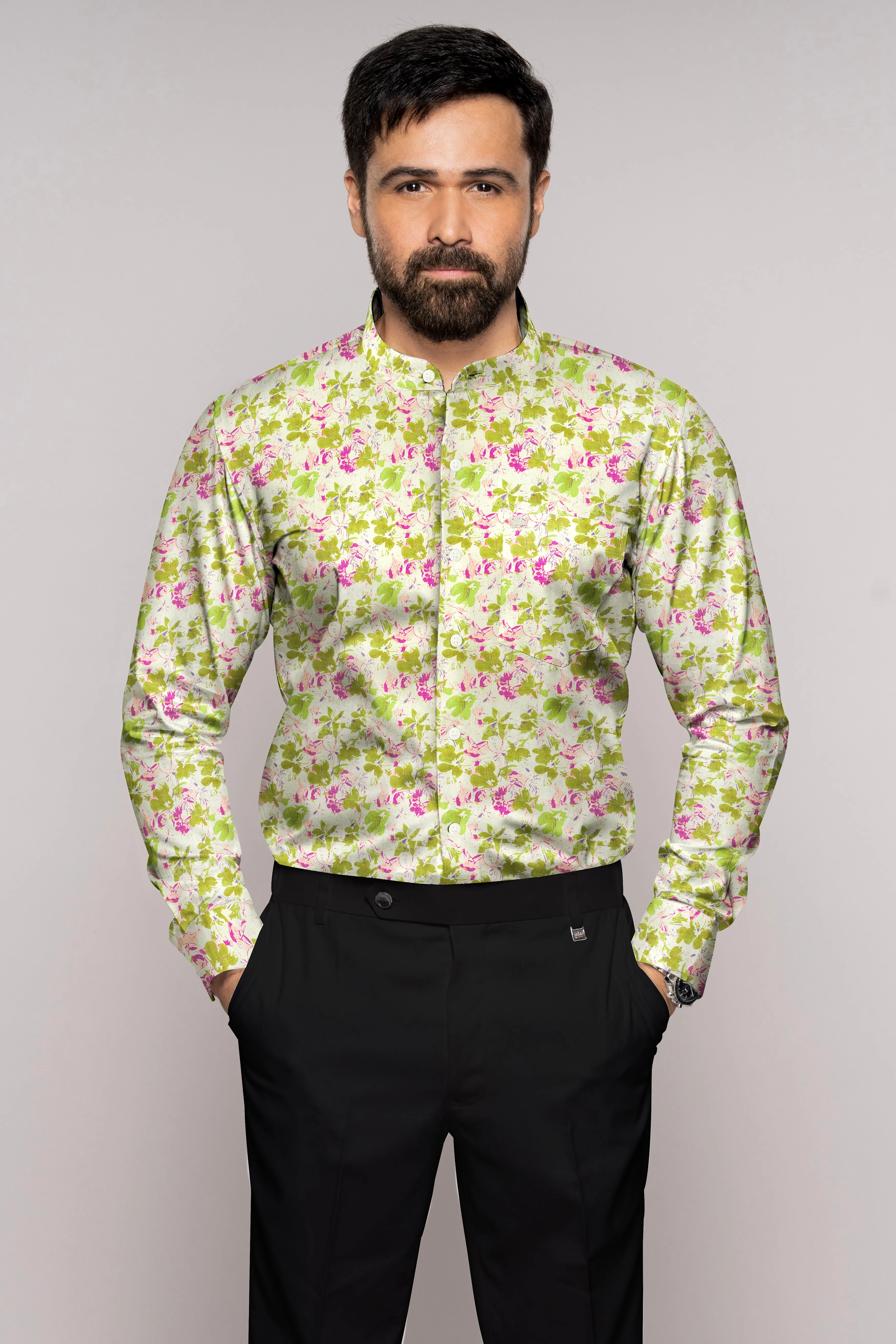 Albescent Cream with Alpine Green Multicolour Floral Textured Luxurious Linen Shirt