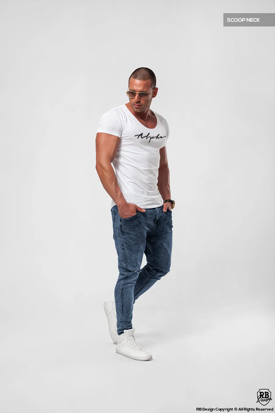 Alpha Men's Casual Fashion White T-shirt HQ Stretch Cotton Tee MD885 BL