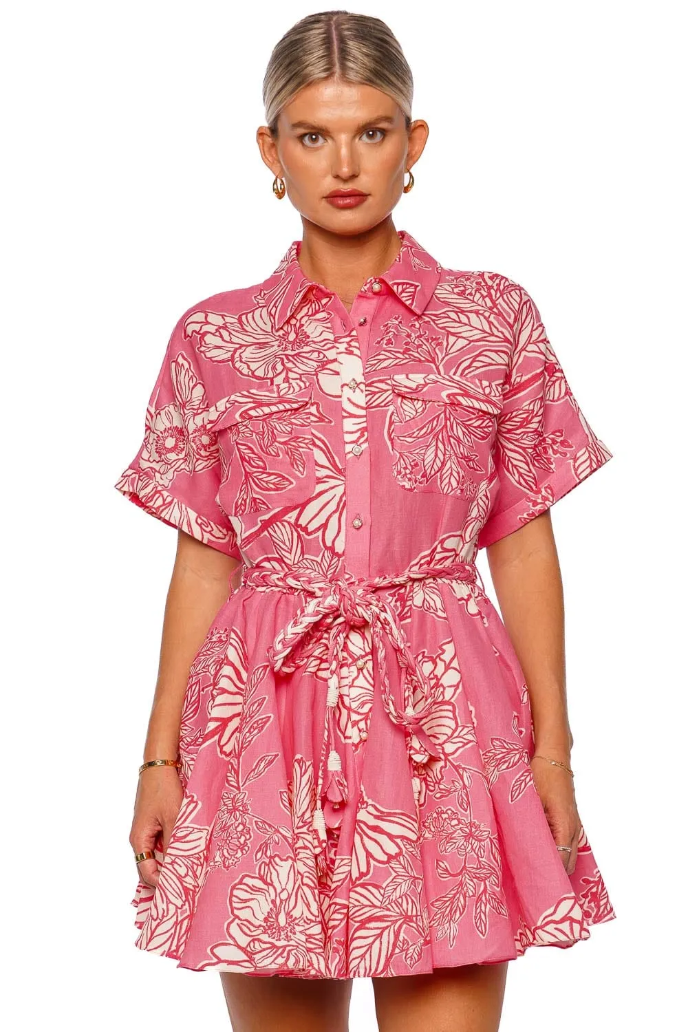 Asha Floral Belted Mini Shirt Dress