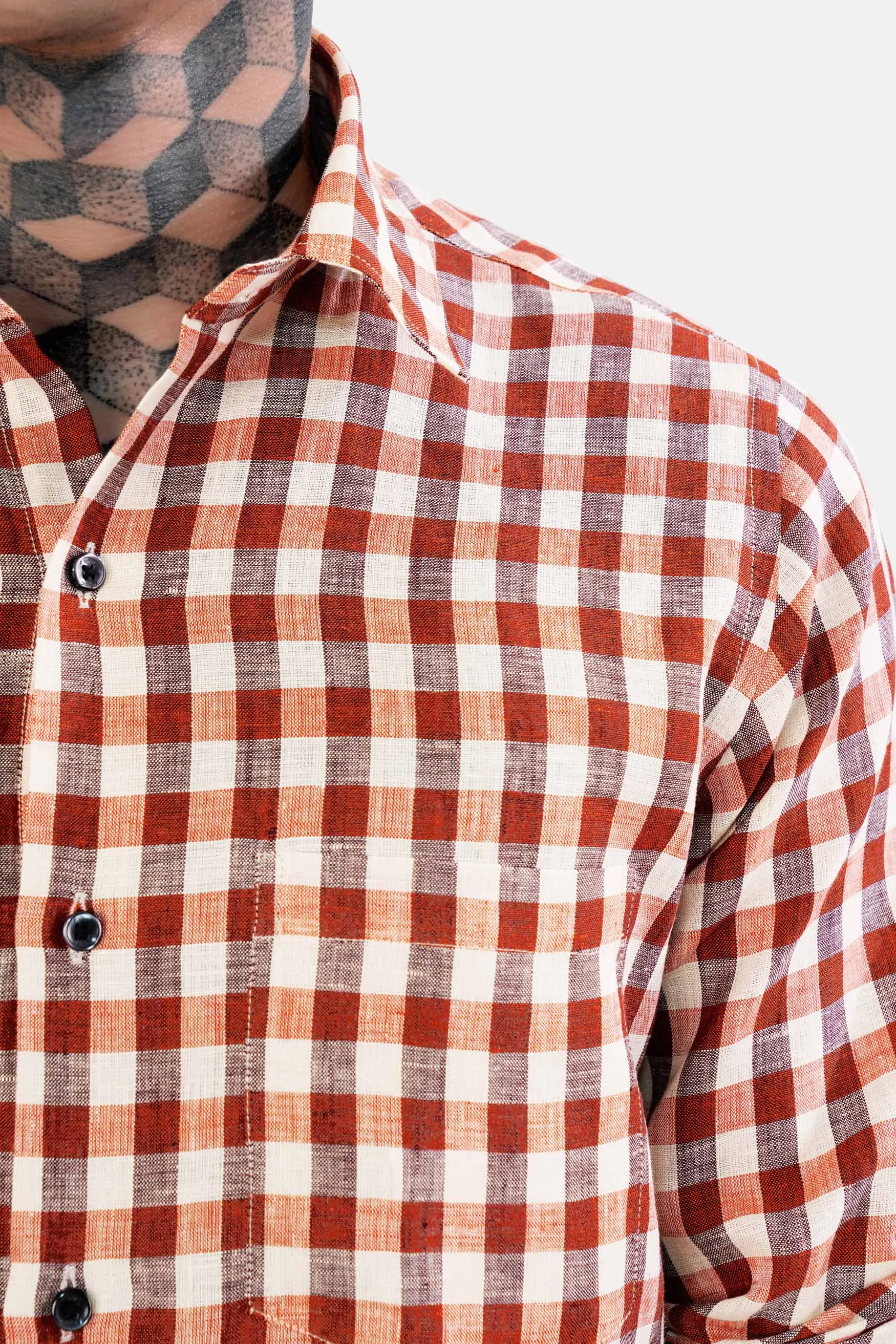 Auburn Red and White Checkered Luxurious Linen Shirt