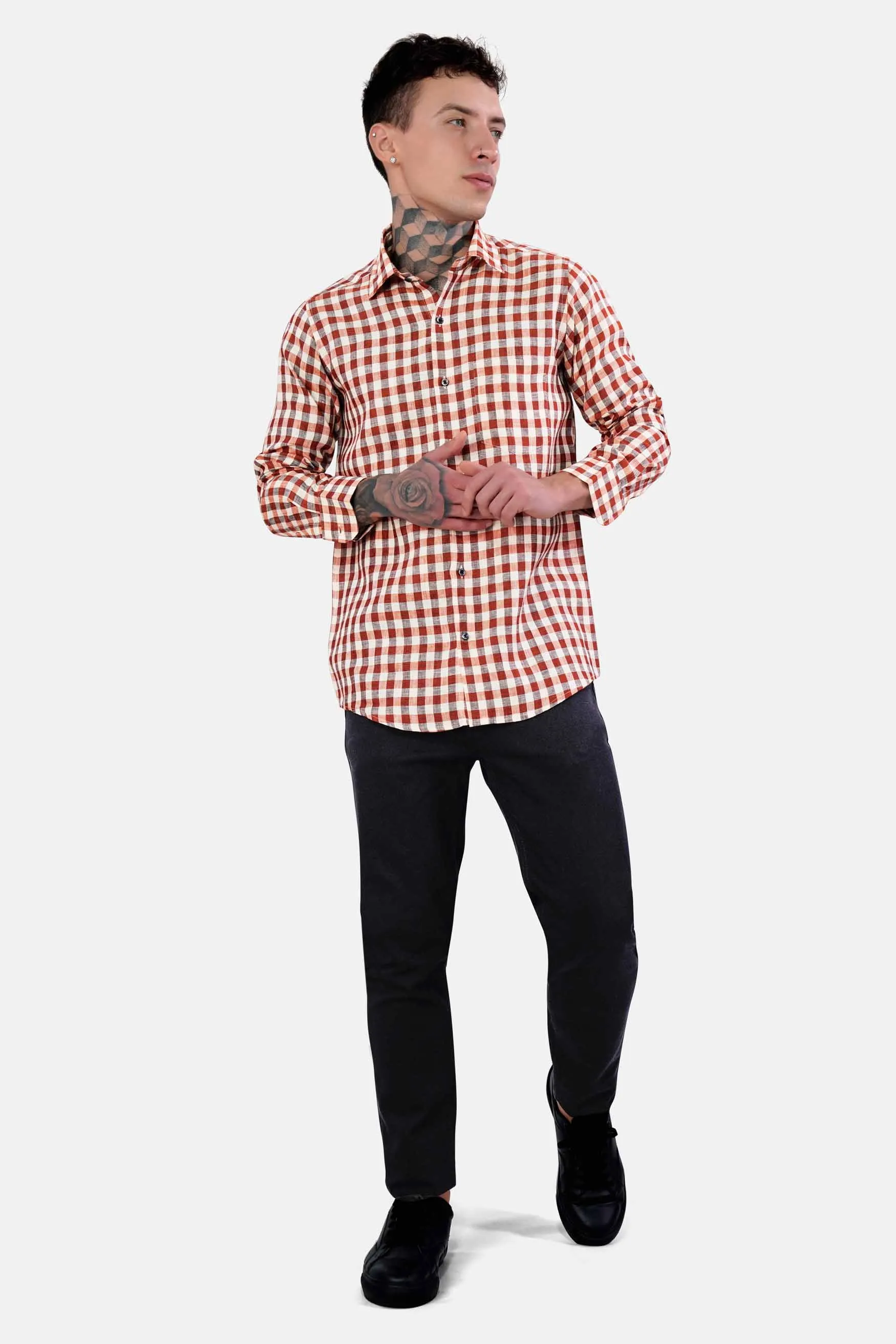 Auburn Red and White Checkered Luxurious Linen Shirt