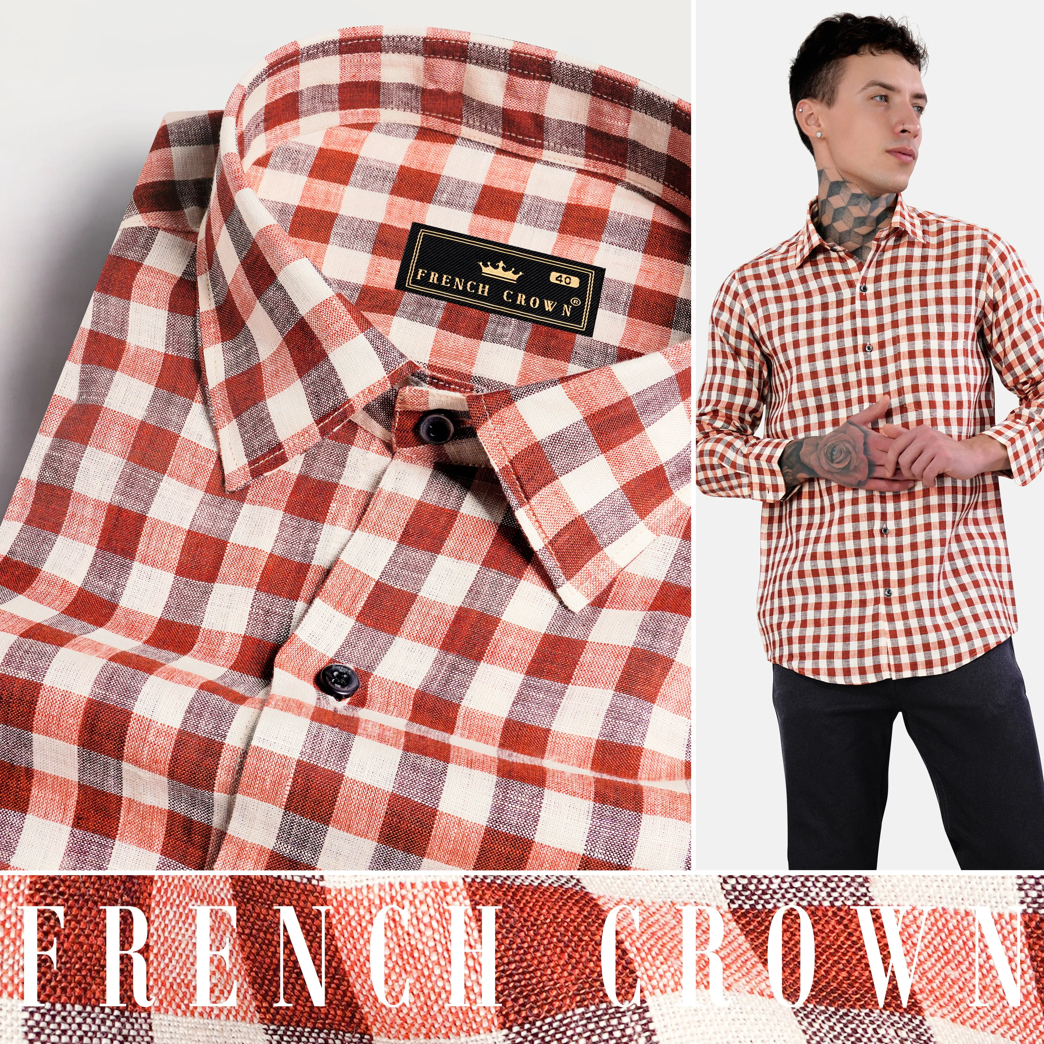 Auburn Red and White Checkered Luxurious Linen Shirt