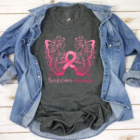 Breast Cancer Awareness Filigree Butterfly T-Shirt - Dark Colors