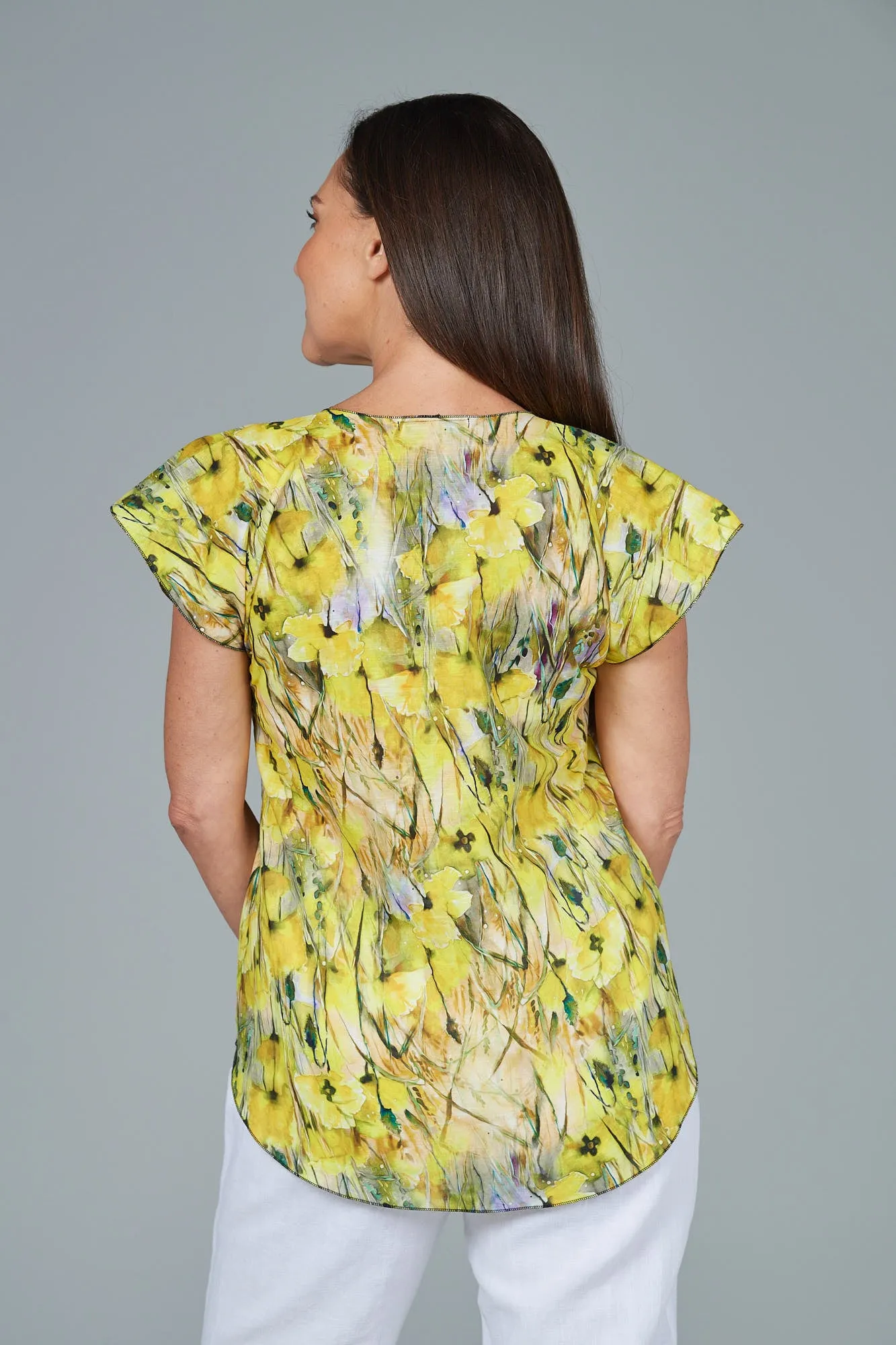 Buttercup Print Short Sleeve Linen and Silk Top