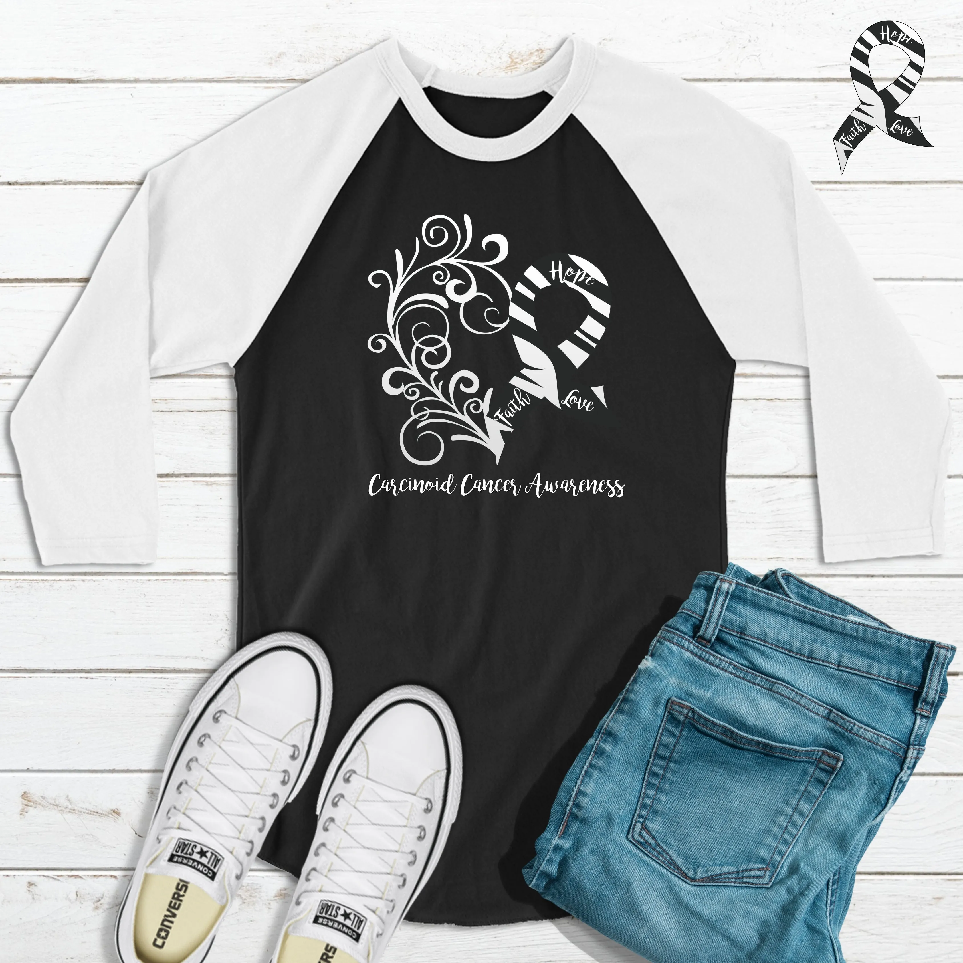 Carcinoid Cancer Awareness Heart 3/4 Sleeve Raglan Shirt