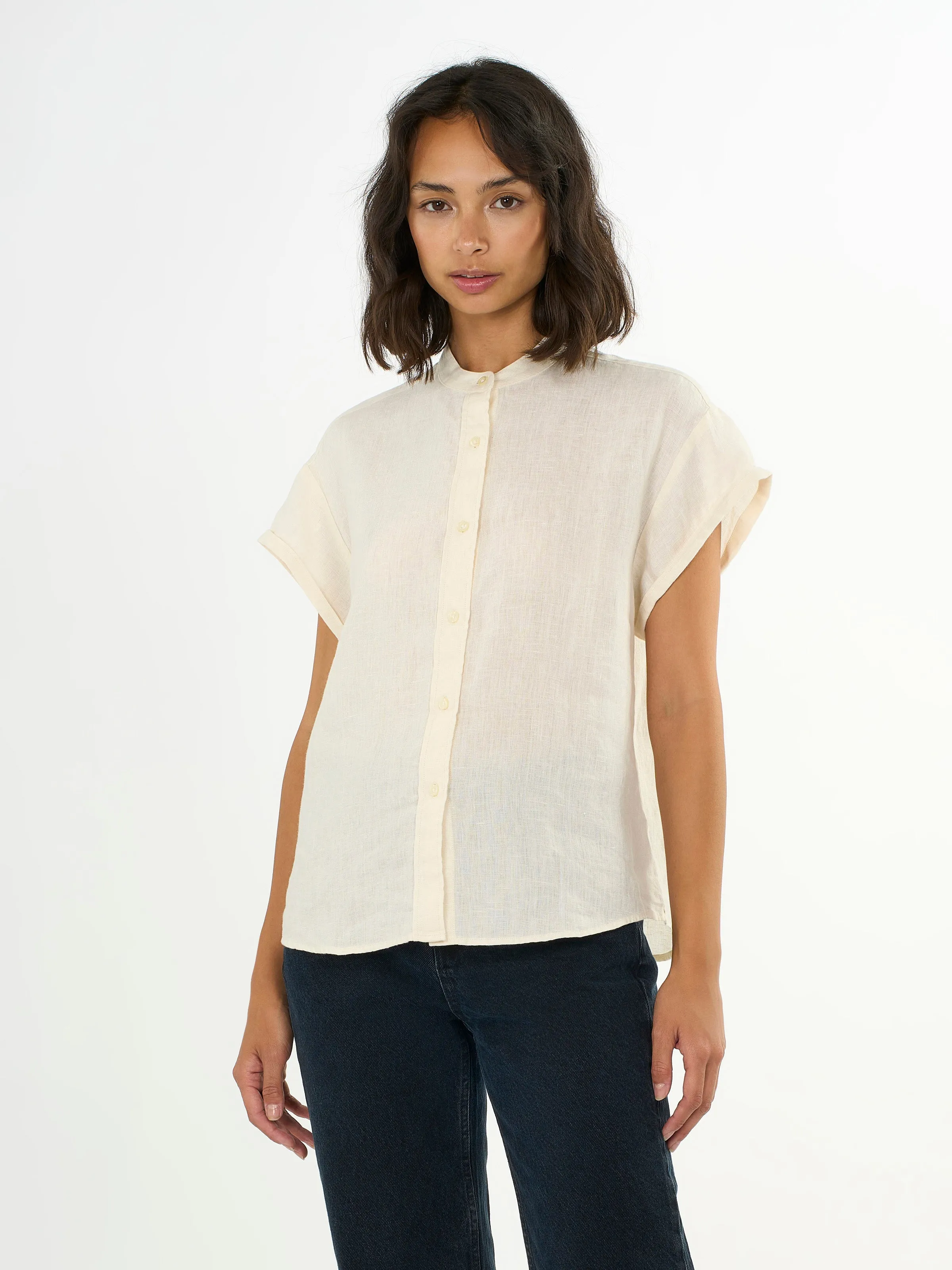 Collar stand short sleeve linen shirt - Buttercream