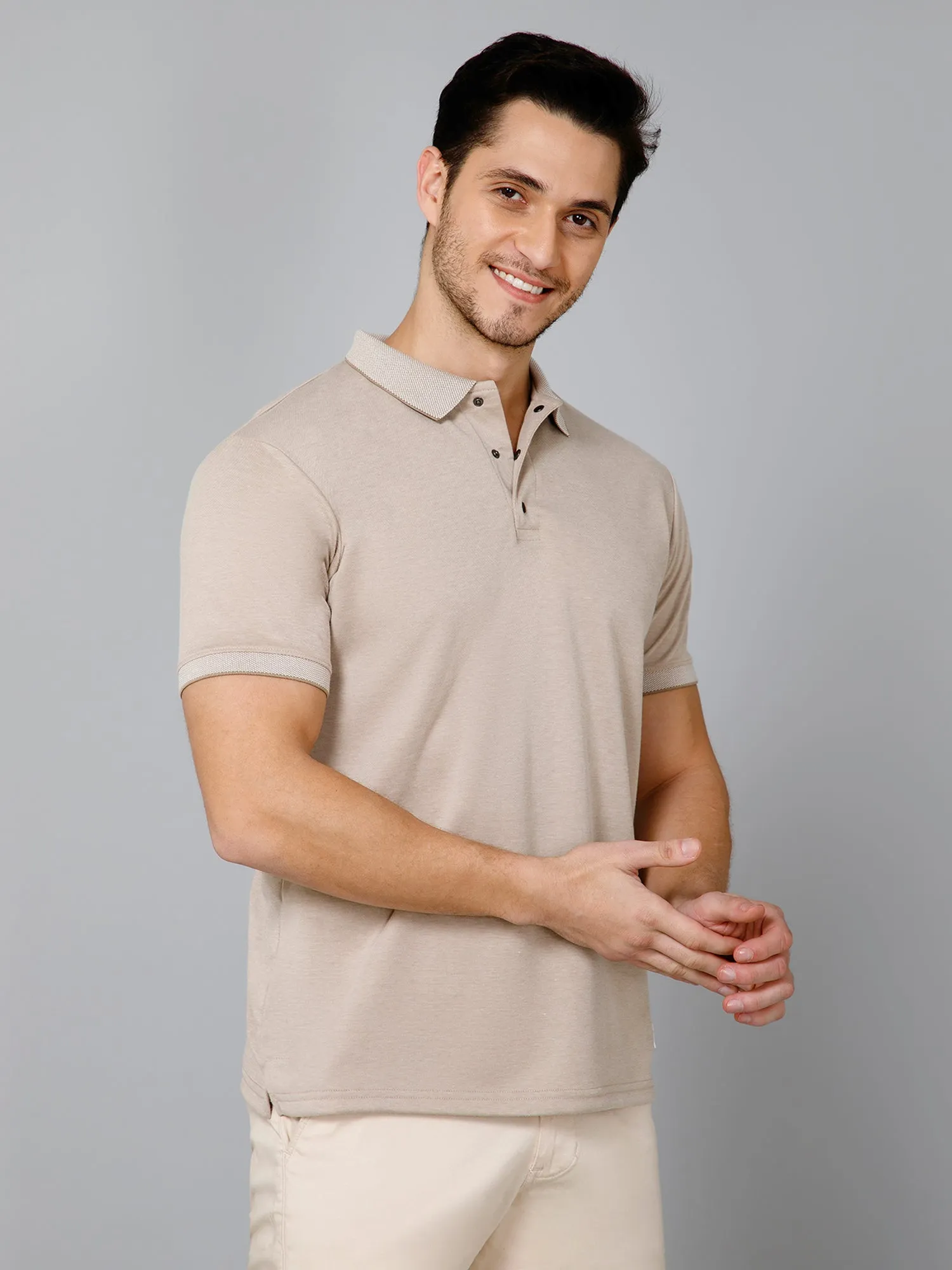 Cross Knit Beige Polo T-shirt