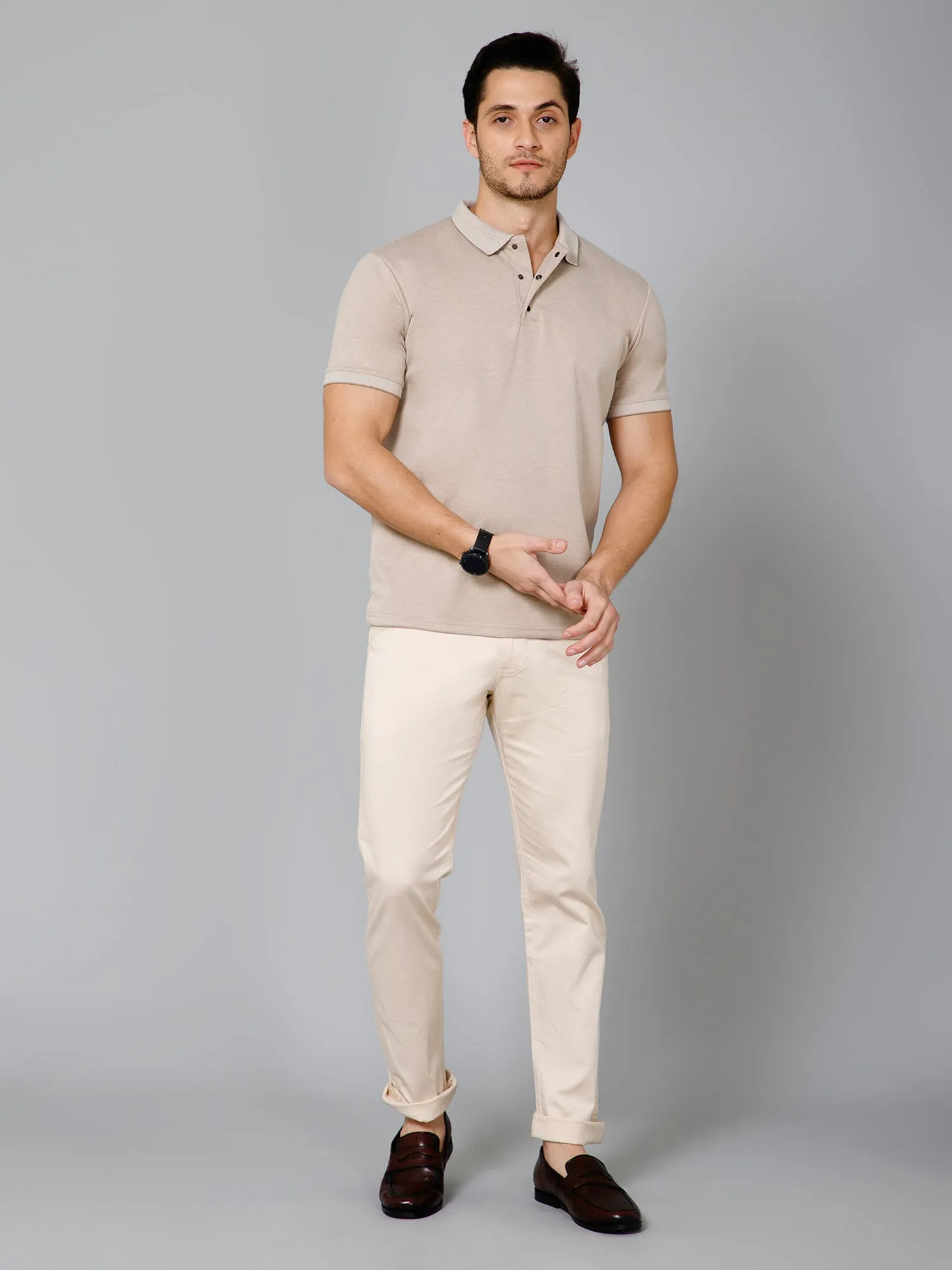 Cross Knit Beige Polo T-shirt