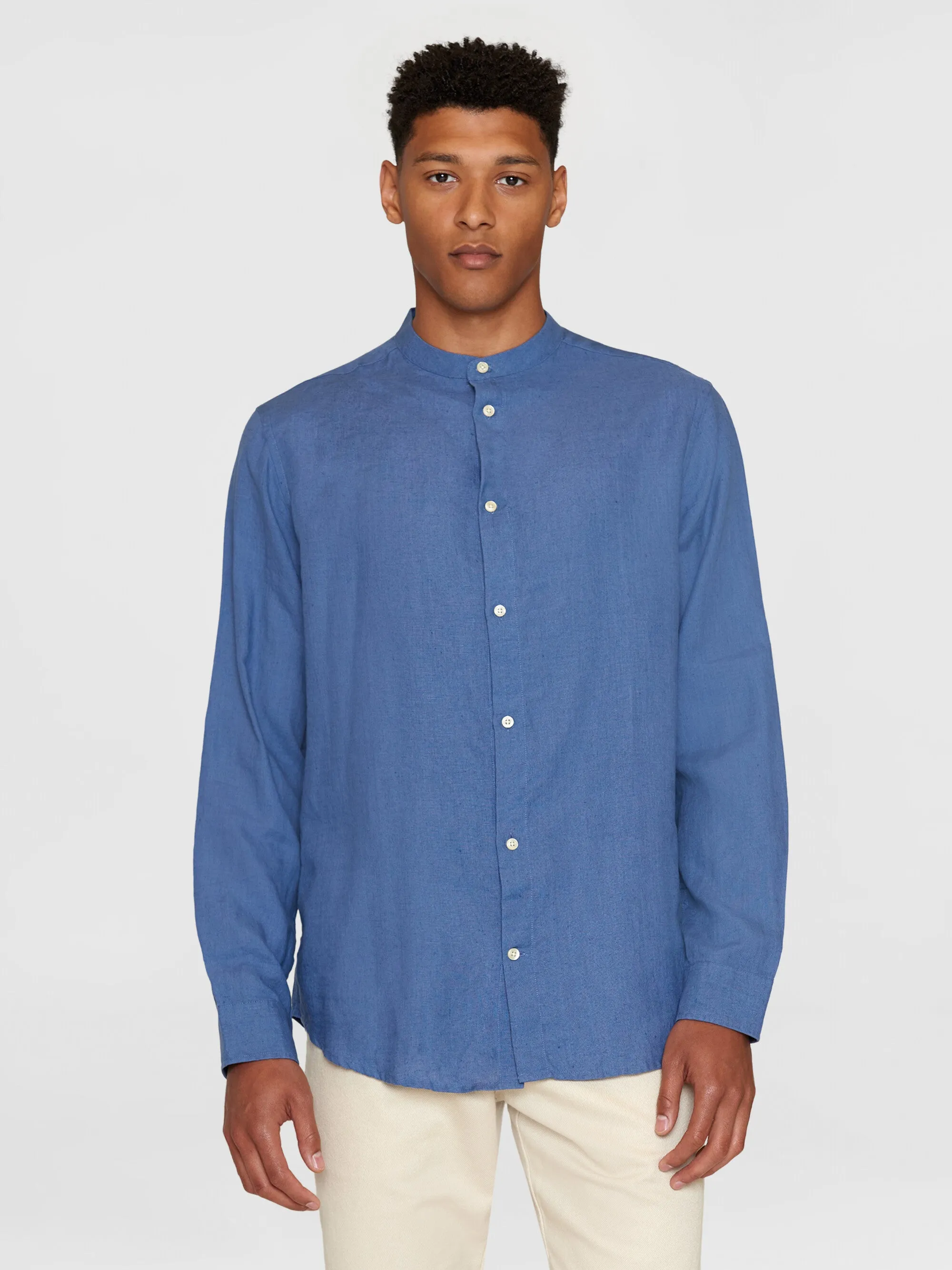 Custom fit linen stand collar shirt - Moonlight Blue