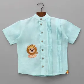 Cute Animal Embroidered Blue Shirt