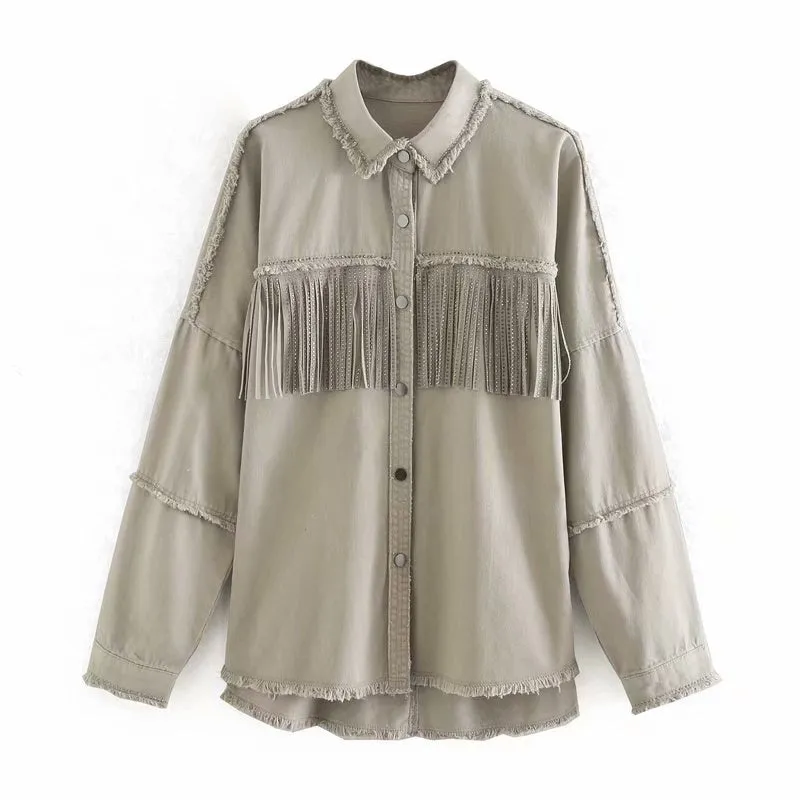 Denim Fringed Jacket Black Army Green Lavender Beige Red Or Ivory Studded Suede Fringe Frayed Edges Button Up Front Studs On Cuffs And Collar Too Available In Sizes XS Small Medium Or Large