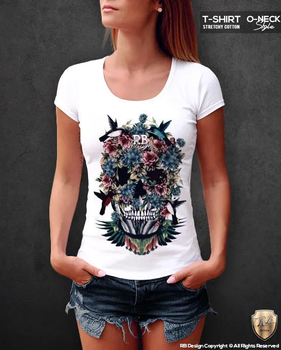 Floral Flowers Skull Women's T-shirt Hummingbird Tank Top WD225