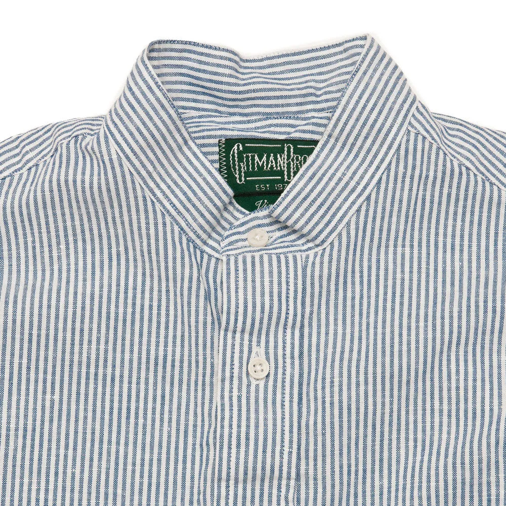 Gitman Vintage Bros. Short Sleeve Band Collar Blue Stripe Linen Shirt