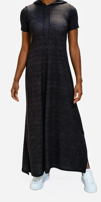 Hooded maxi dress  in our black heather rayon French Terry Jersey