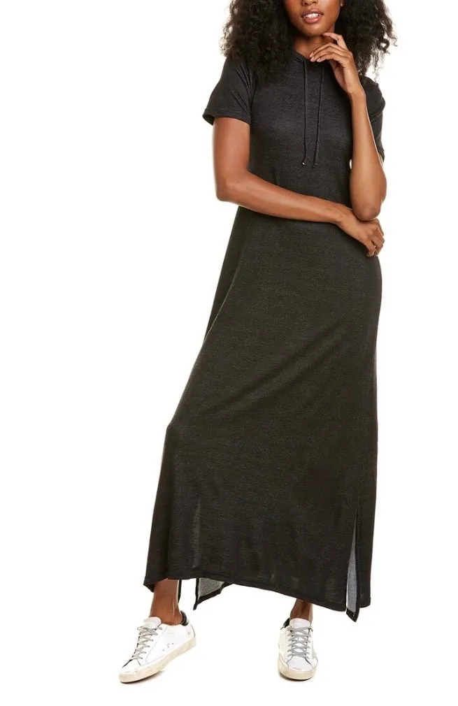 Hooded maxi dress  in our black heather rayon French Terry Jersey