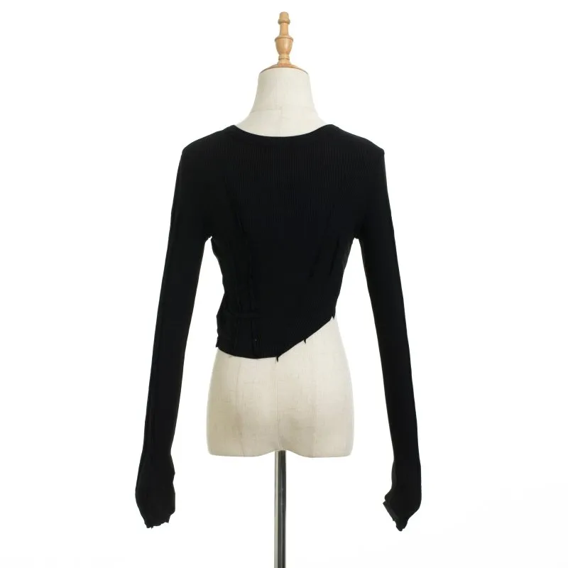 Irregular Asymmetric Hem Frayed Long-Sleeved T-shirt for Women Spring Slim Elastic Cropped Top