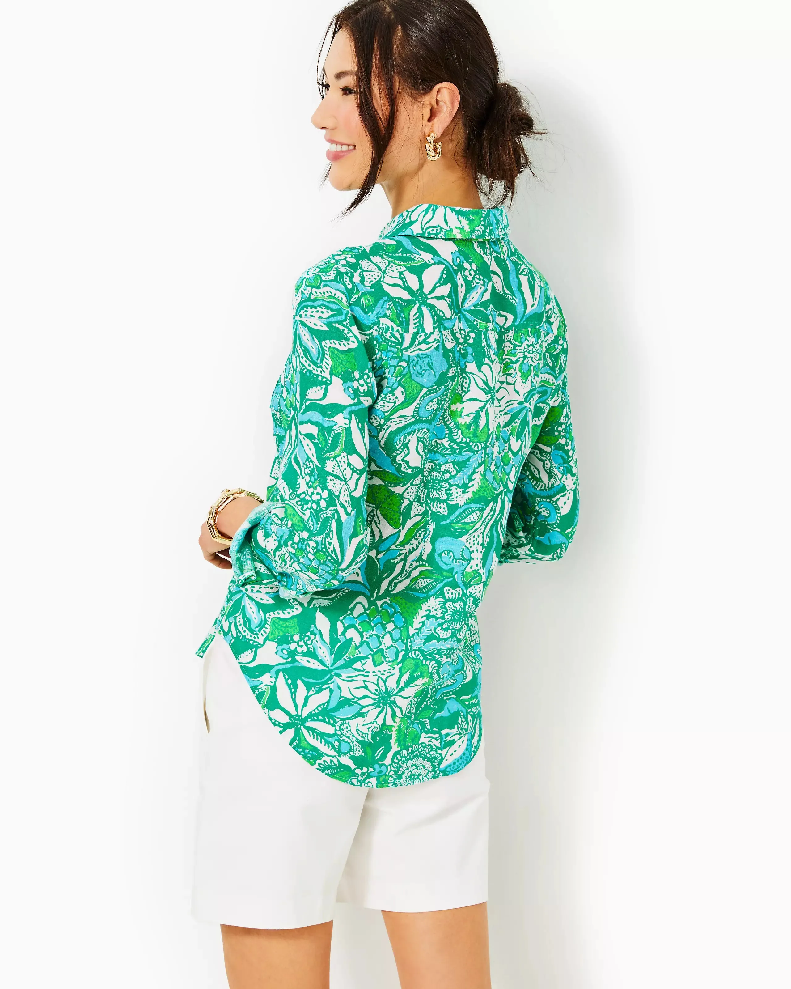 Lilly Pulitzer Women's Sea View Linen Button Down Top - Botanical Green Safari Sangria