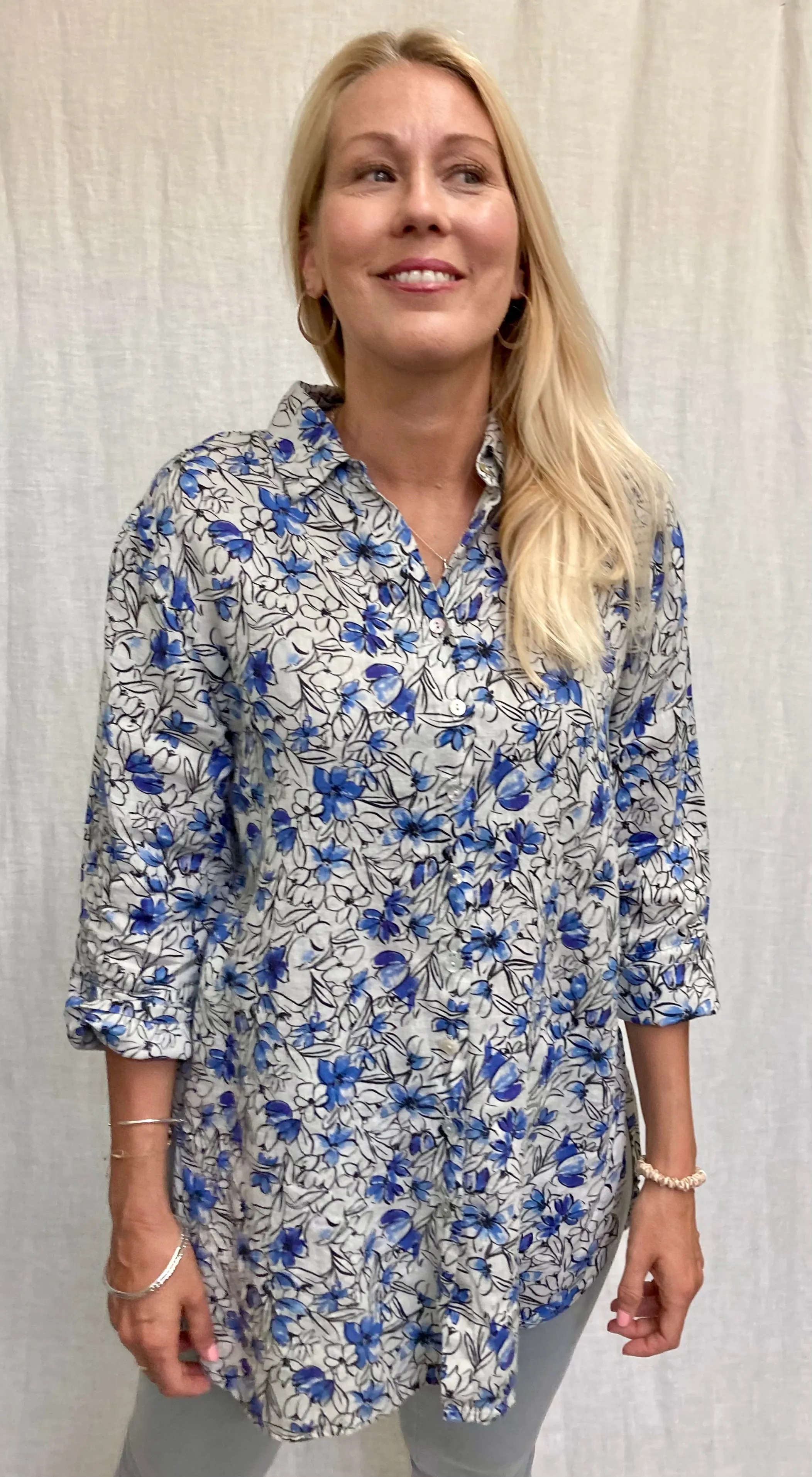 Linen Bellflower Print Easy Shirt