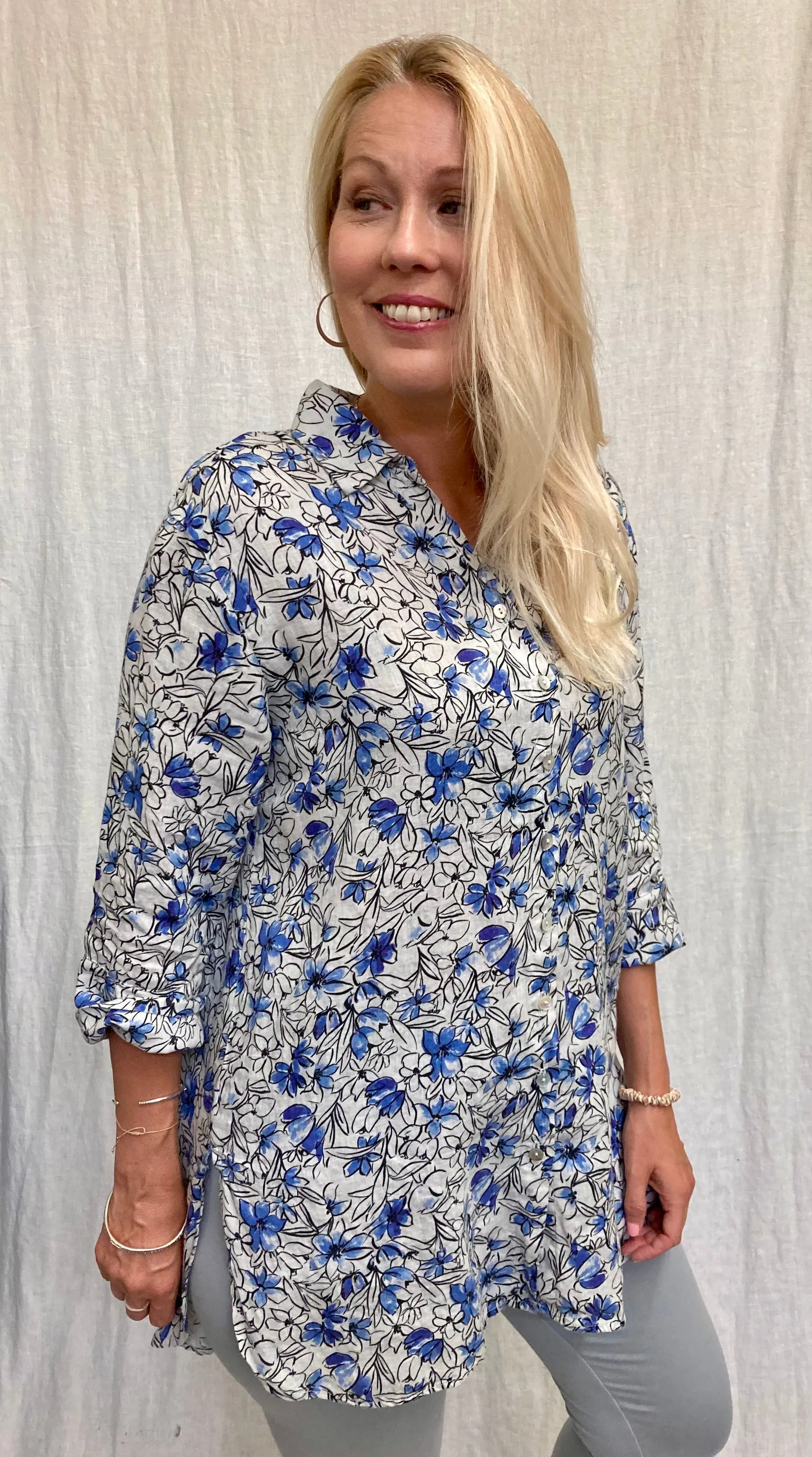 Linen Bellflower Print Easy Shirt