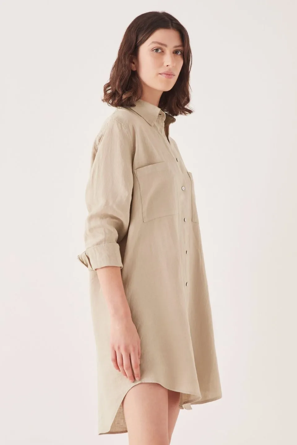 Linen Utility Washed Khaki Shirt Dress