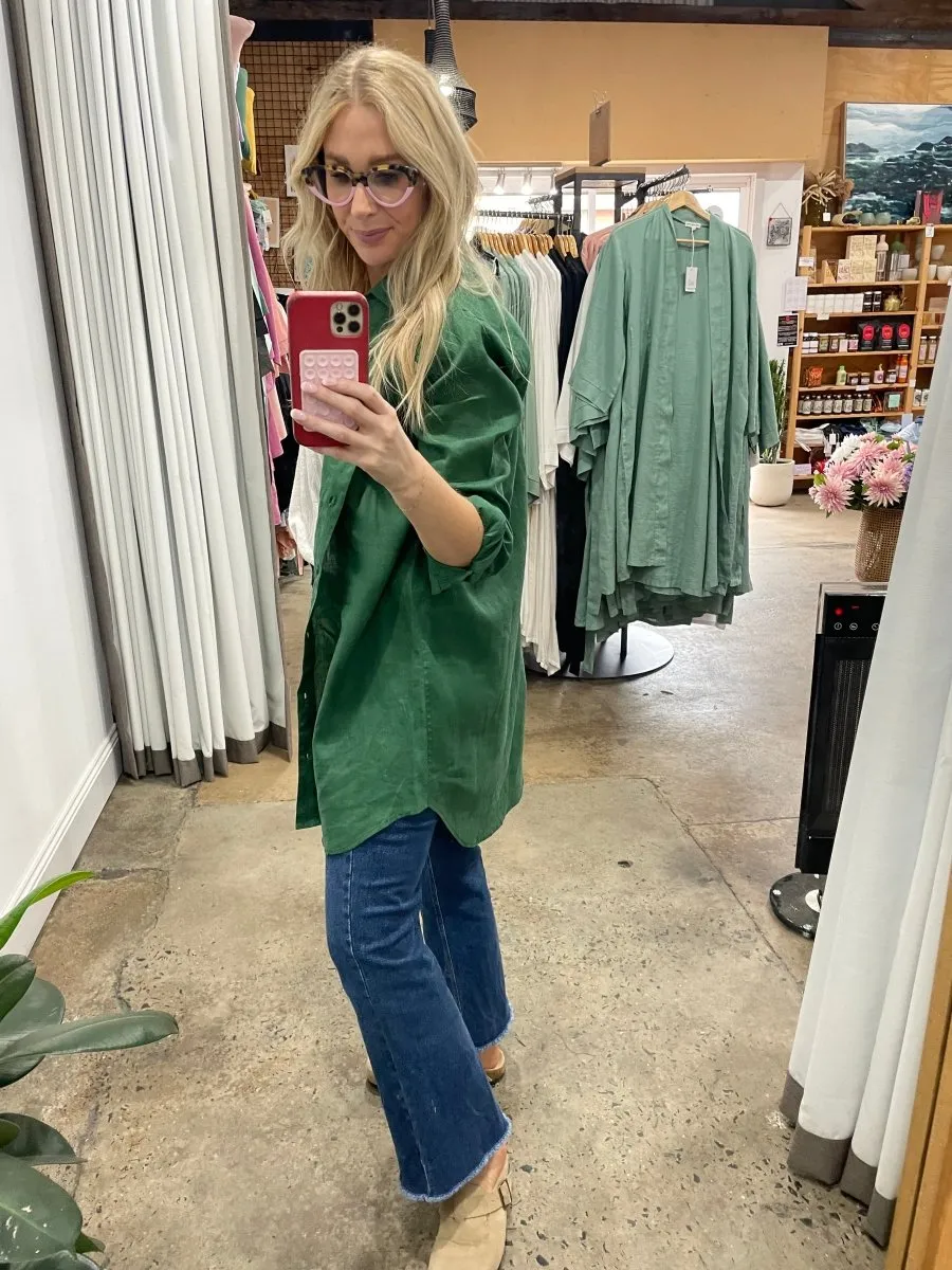 Long Linen Shirt - Forest Green