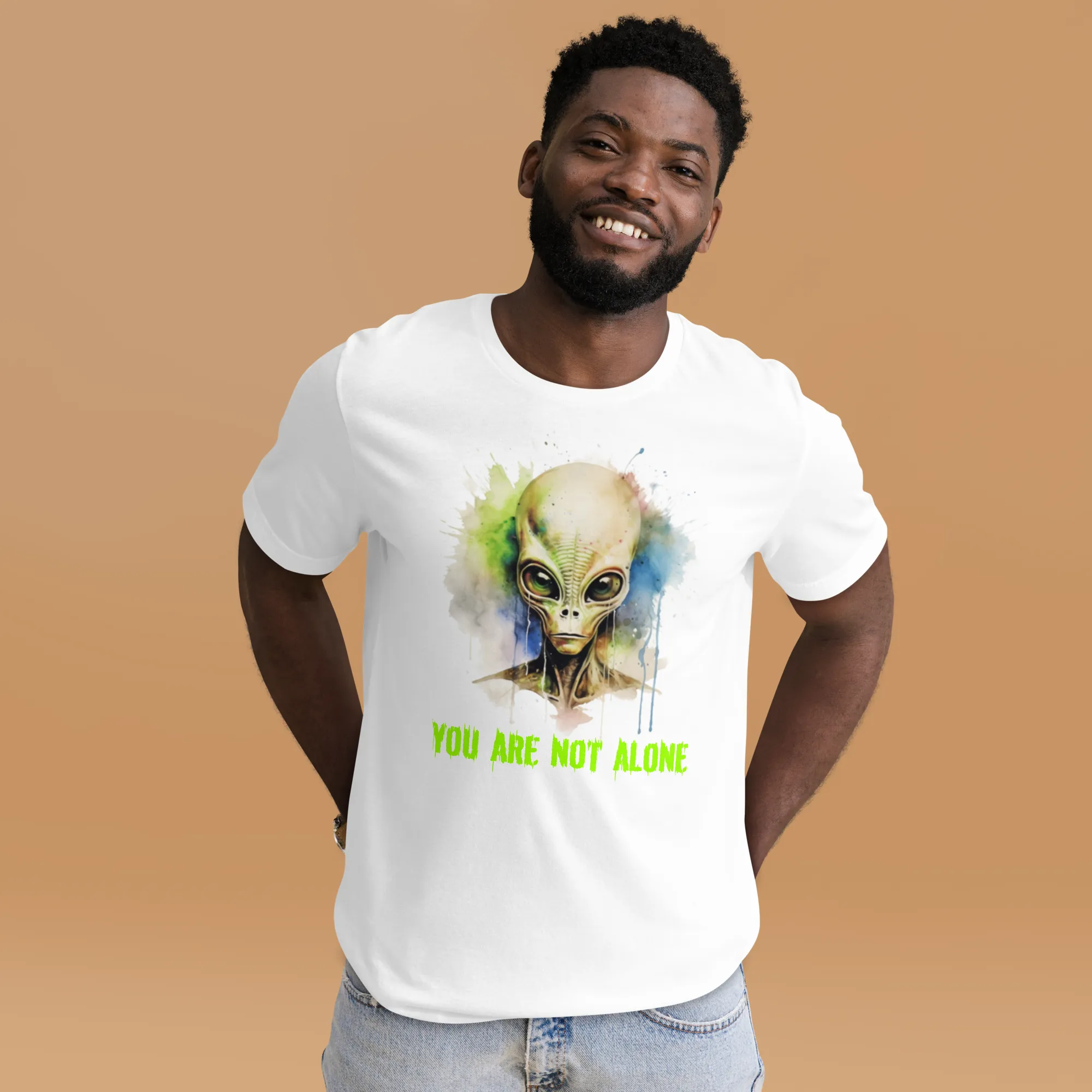 Men's Alien You Are Not Alone Watercolor Effect Graphic Tee