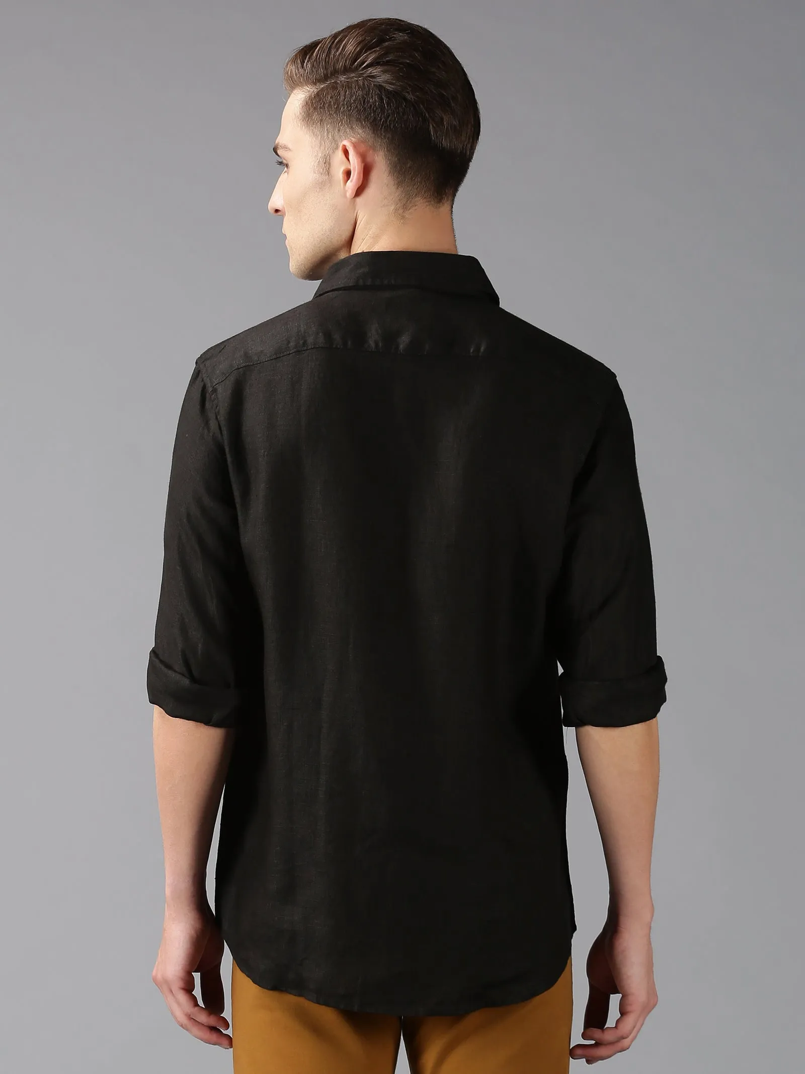 MEN'S BLACK LINEN SOLID SLIM FIT SHIRT