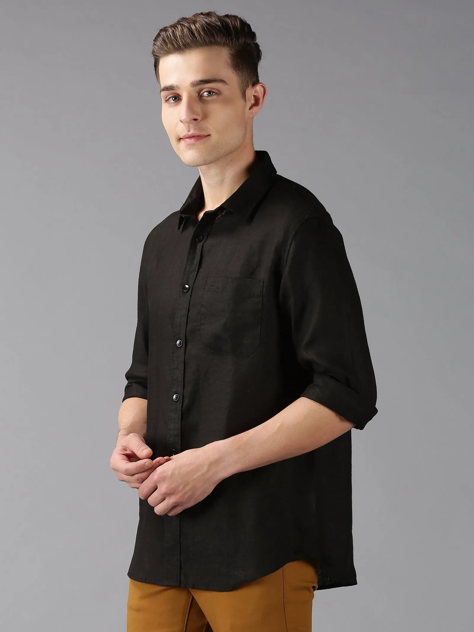 MEN'S BLACK LINEN SOLID SLIM FIT SHIRT