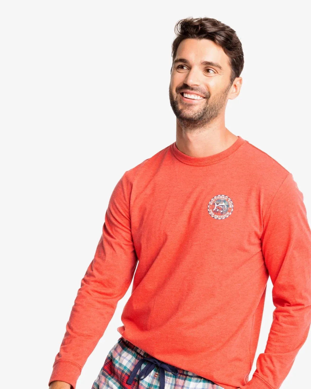 Men's Heather Plaid Skipjack Medallion Long Sleeve T-Shirt