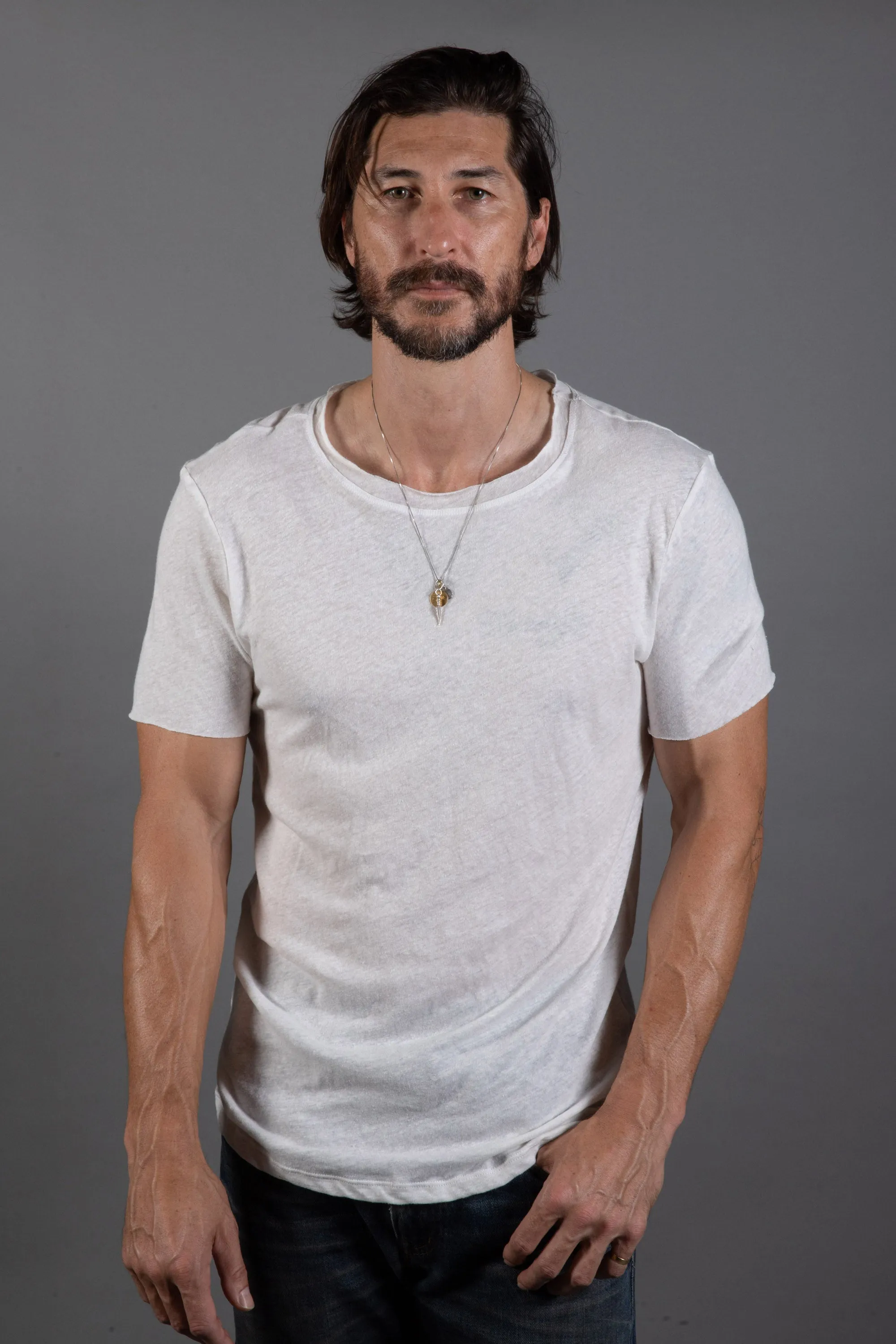 Mens Cotton Linen Wallace Crew Tee with Raw Neck