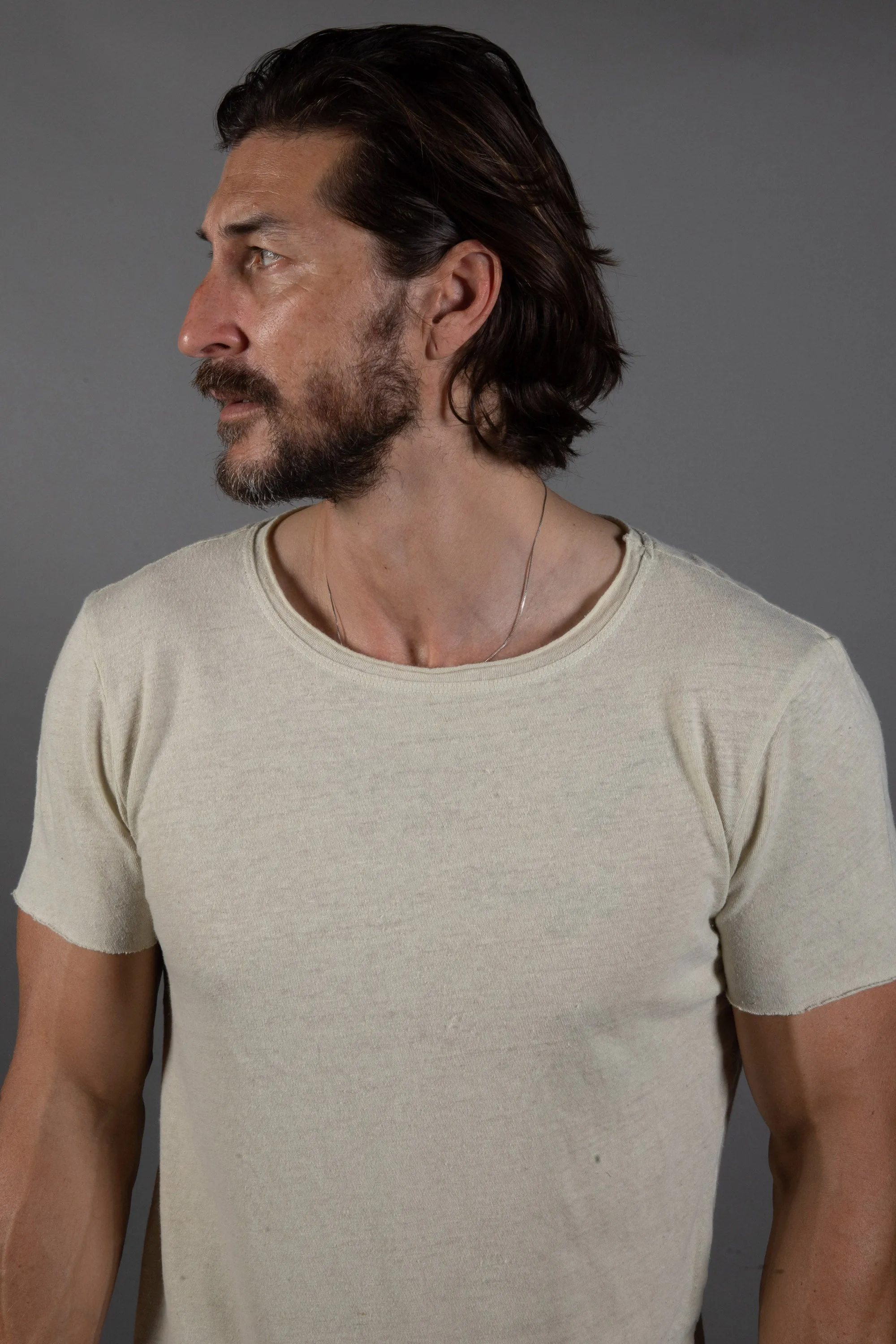 Mens Cotton Linen Wallace Crew Tee with Raw Neck