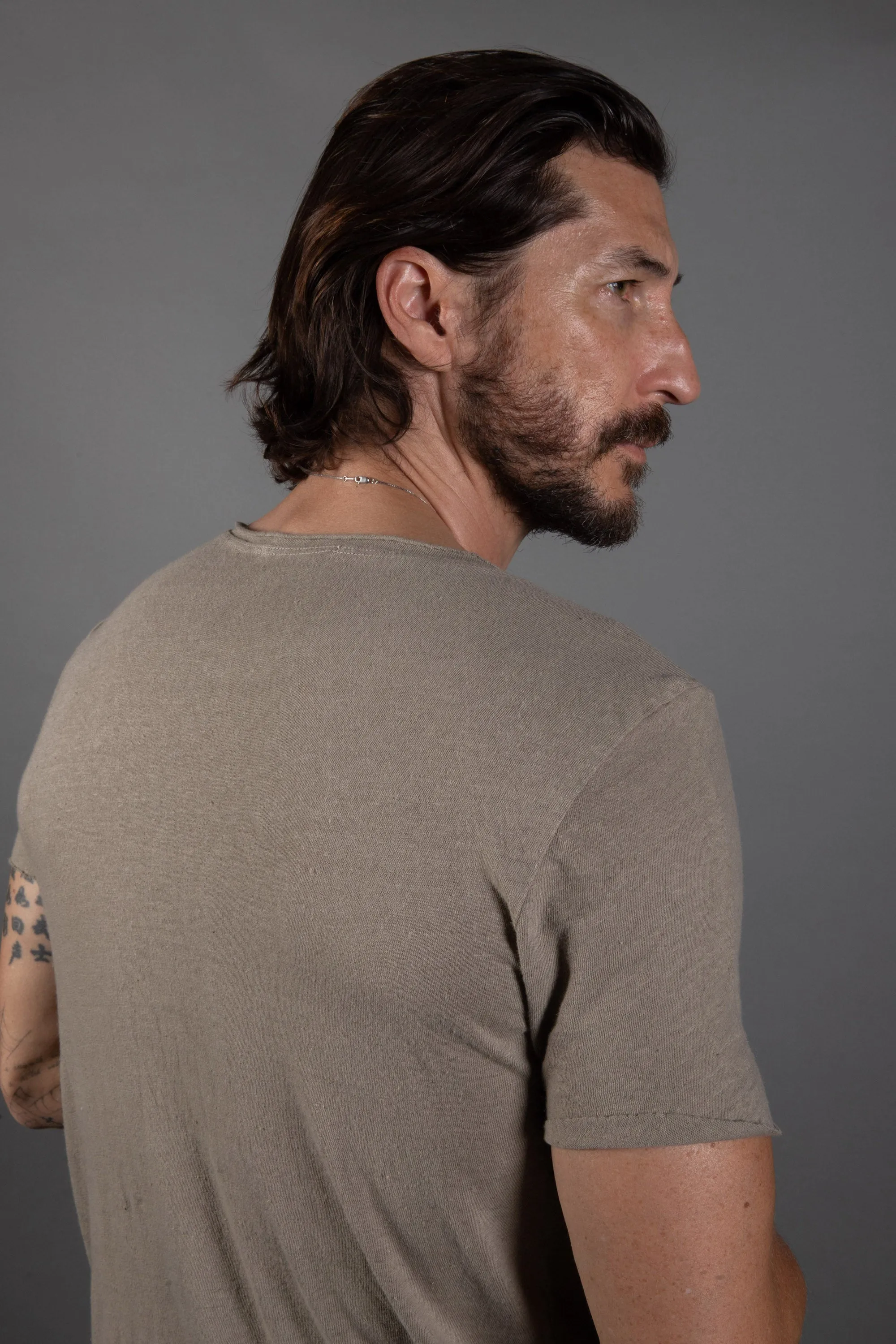 Mens Cotton Linen Wallace Crew Tee with Raw Neck