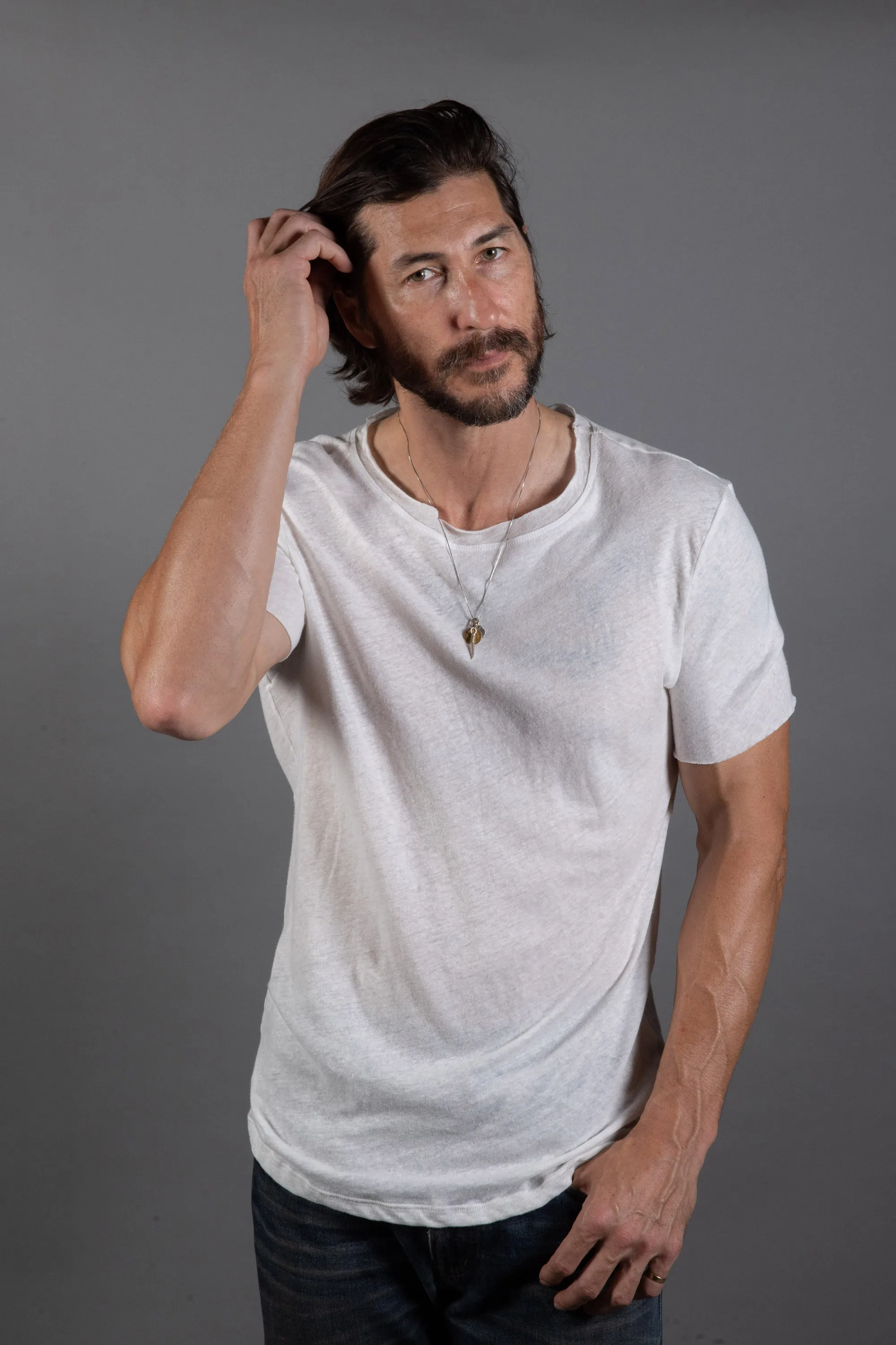 Mens Cotton Linen Wallace Crew Tee with Raw Neck