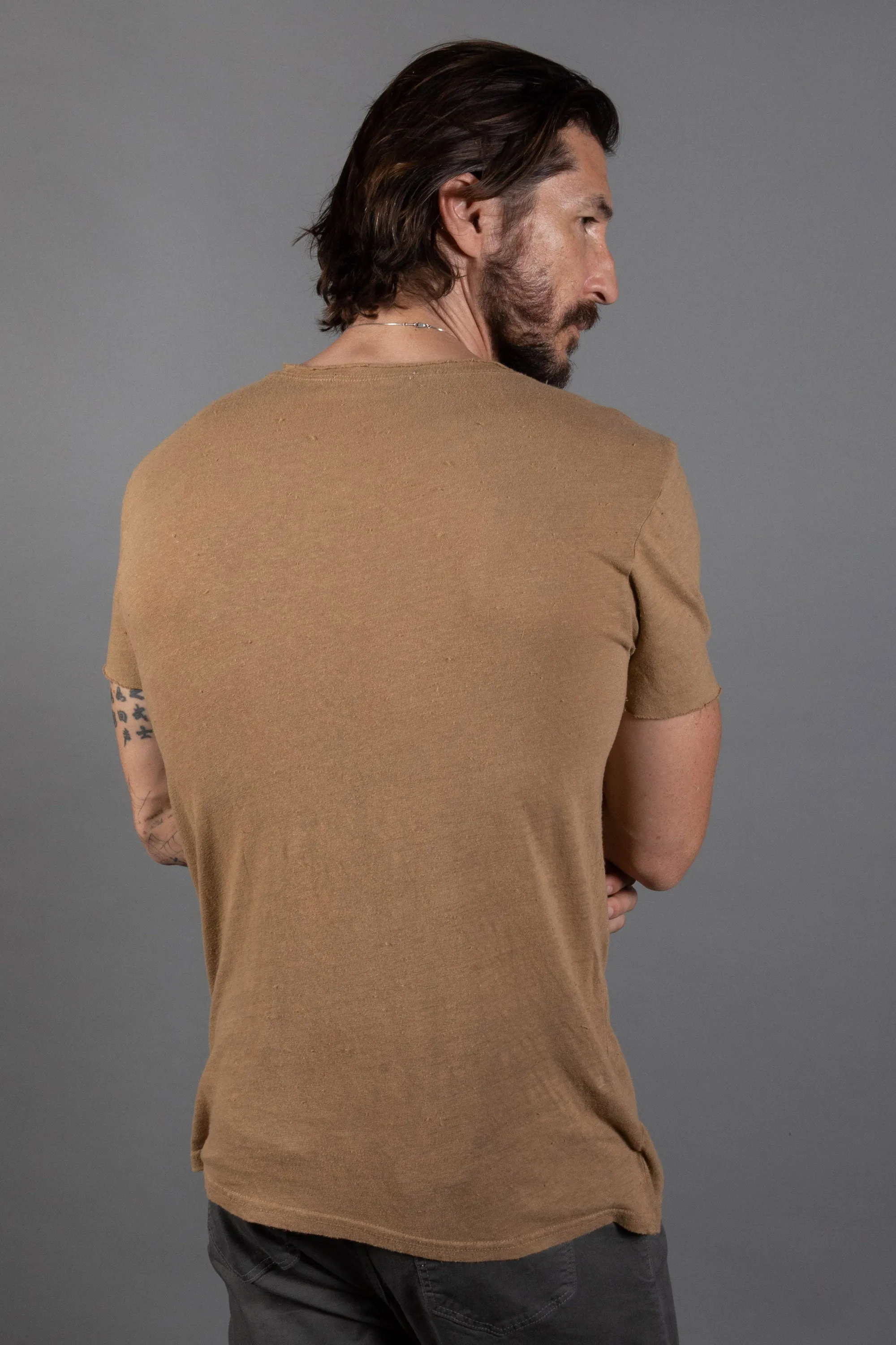 Mens Cotton Linen Wallace Crew Tee with Raw Neck