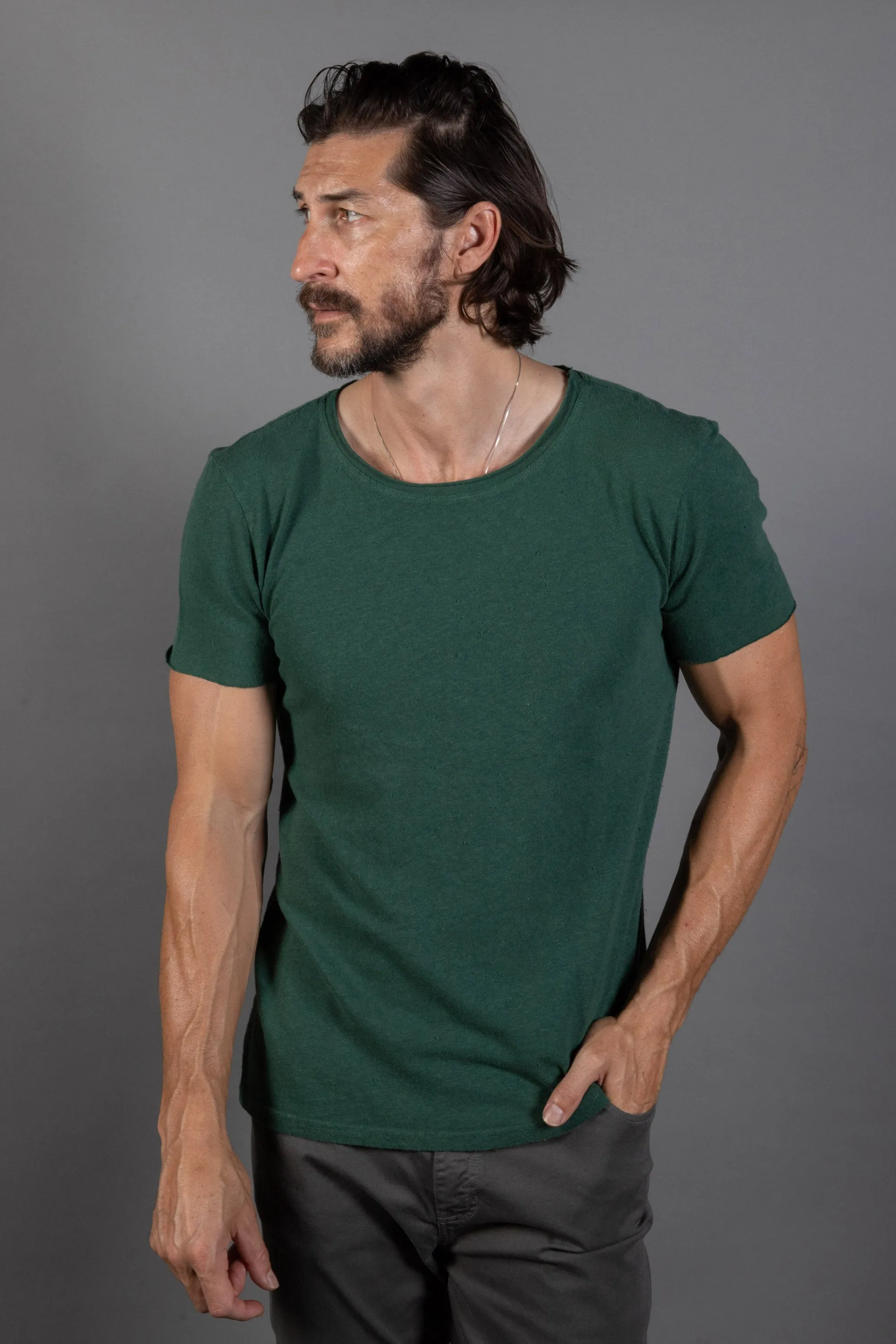 Mens Cotton Linen Wallace Crew Tee with Raw Neck