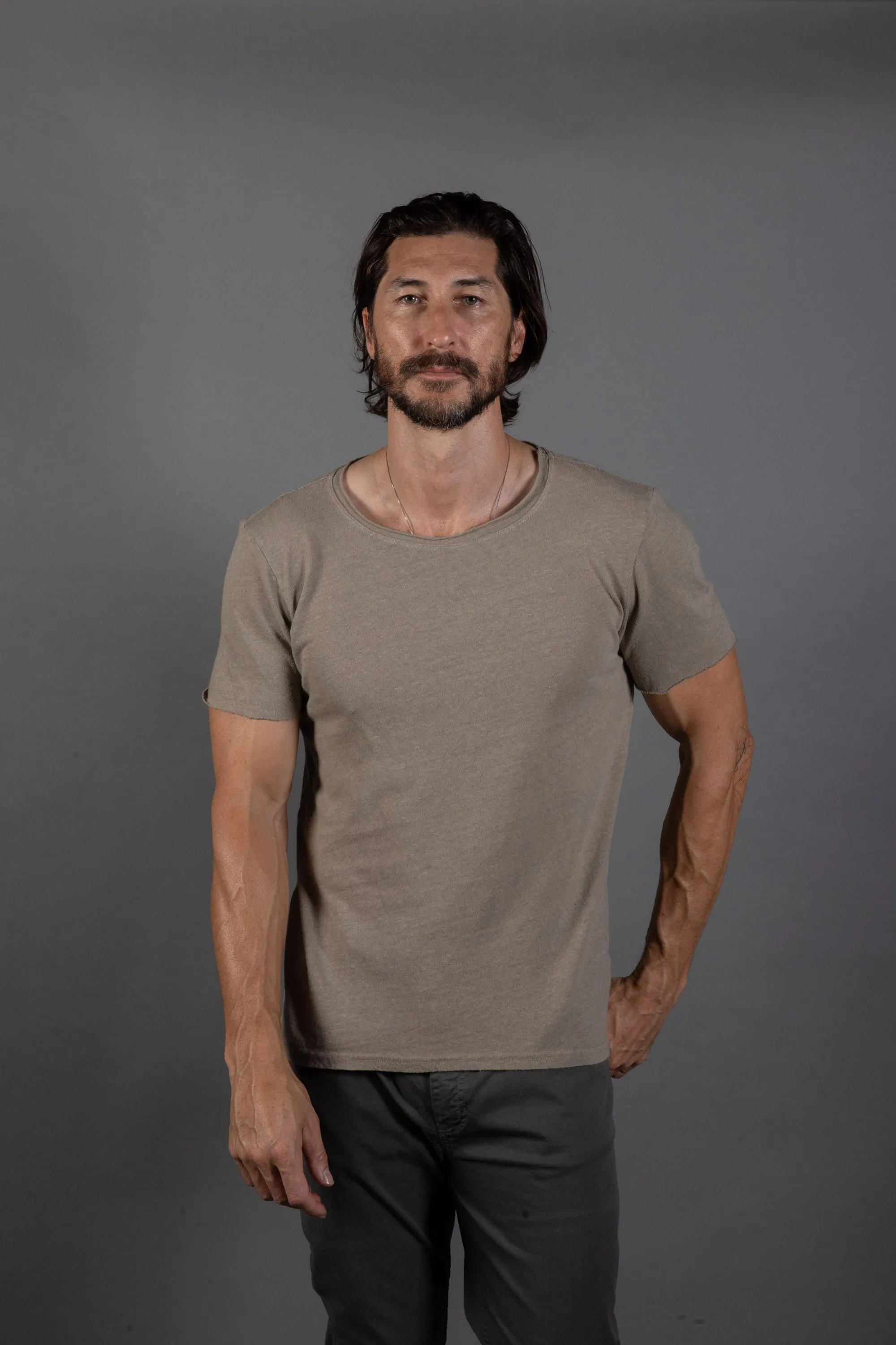 Mens Cotton Linen Wallace Crew Tee with Raw Neck