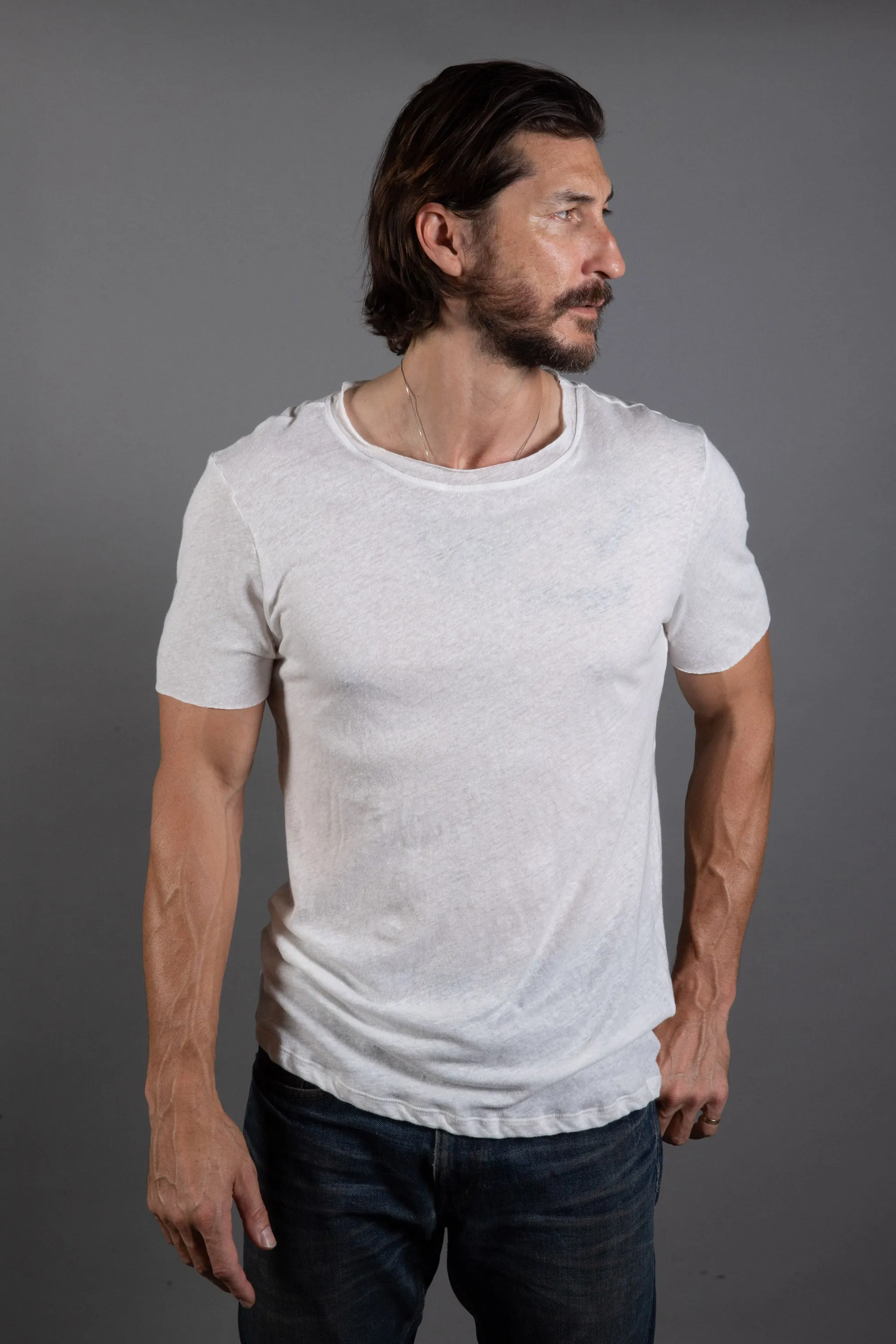 Mens Cotton Linen Wallace Crew Tee with Raw Neck