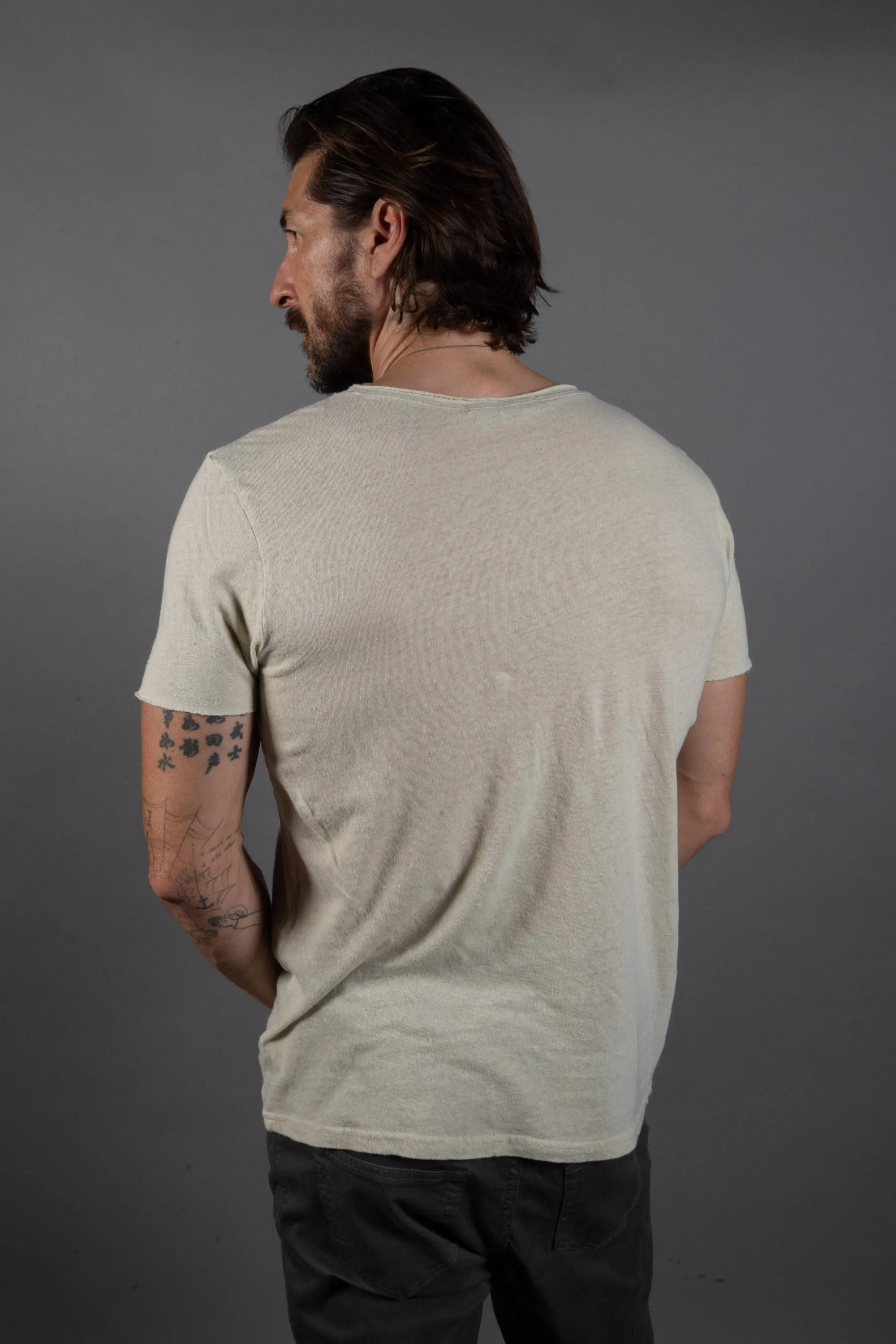 Mens Cotton Linen Wallace Crew Tee with Raw Neck