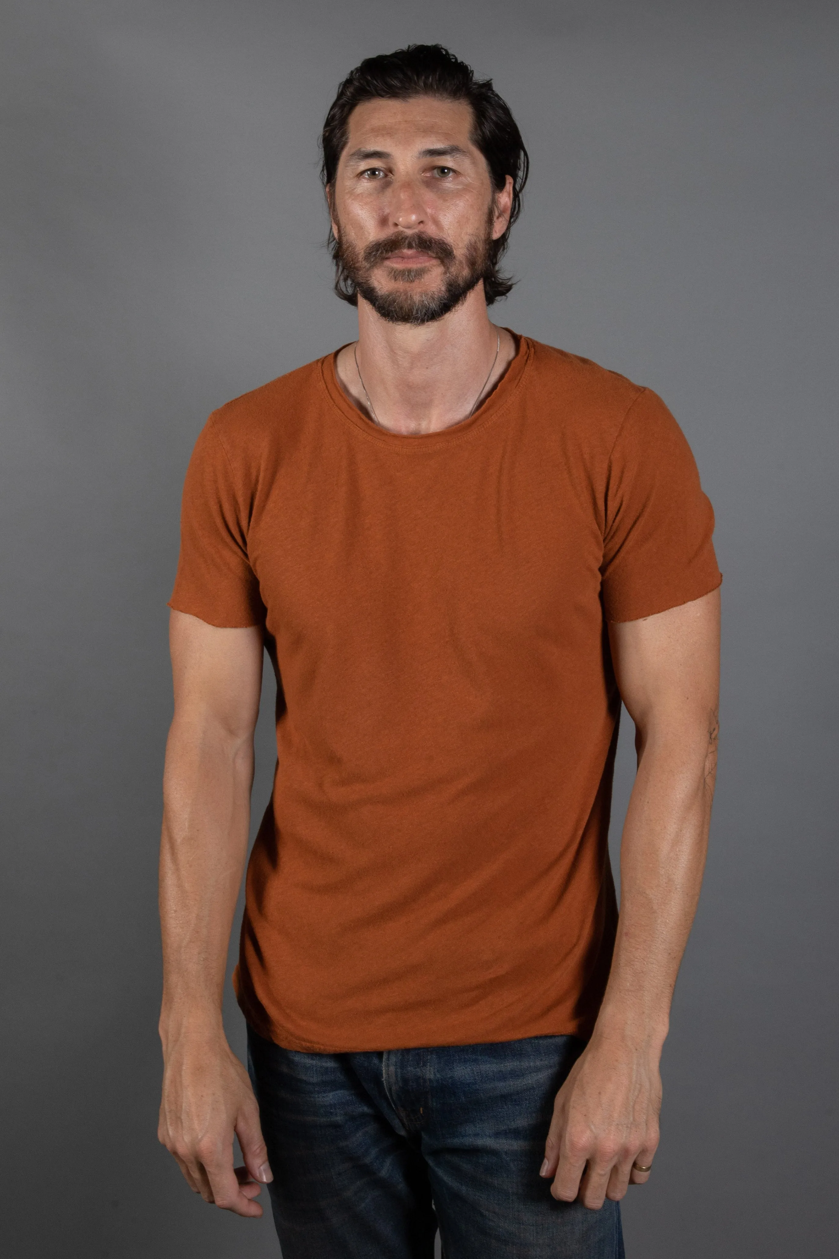 Mens Cotton Linen Wallace Crew Tee with Raw Neck