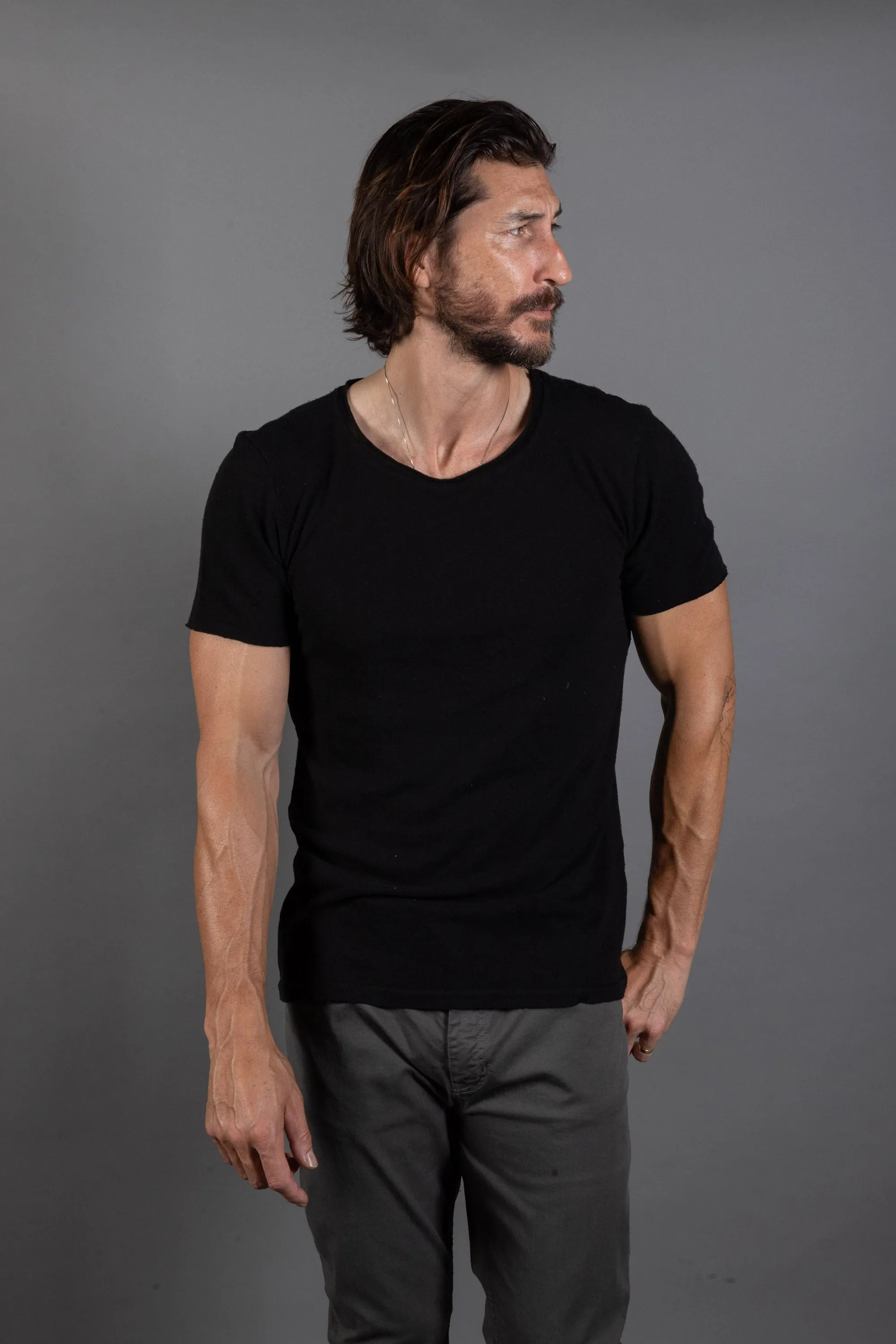 Mens Cotton Linen Wallace Crew Tee with Raw Neck