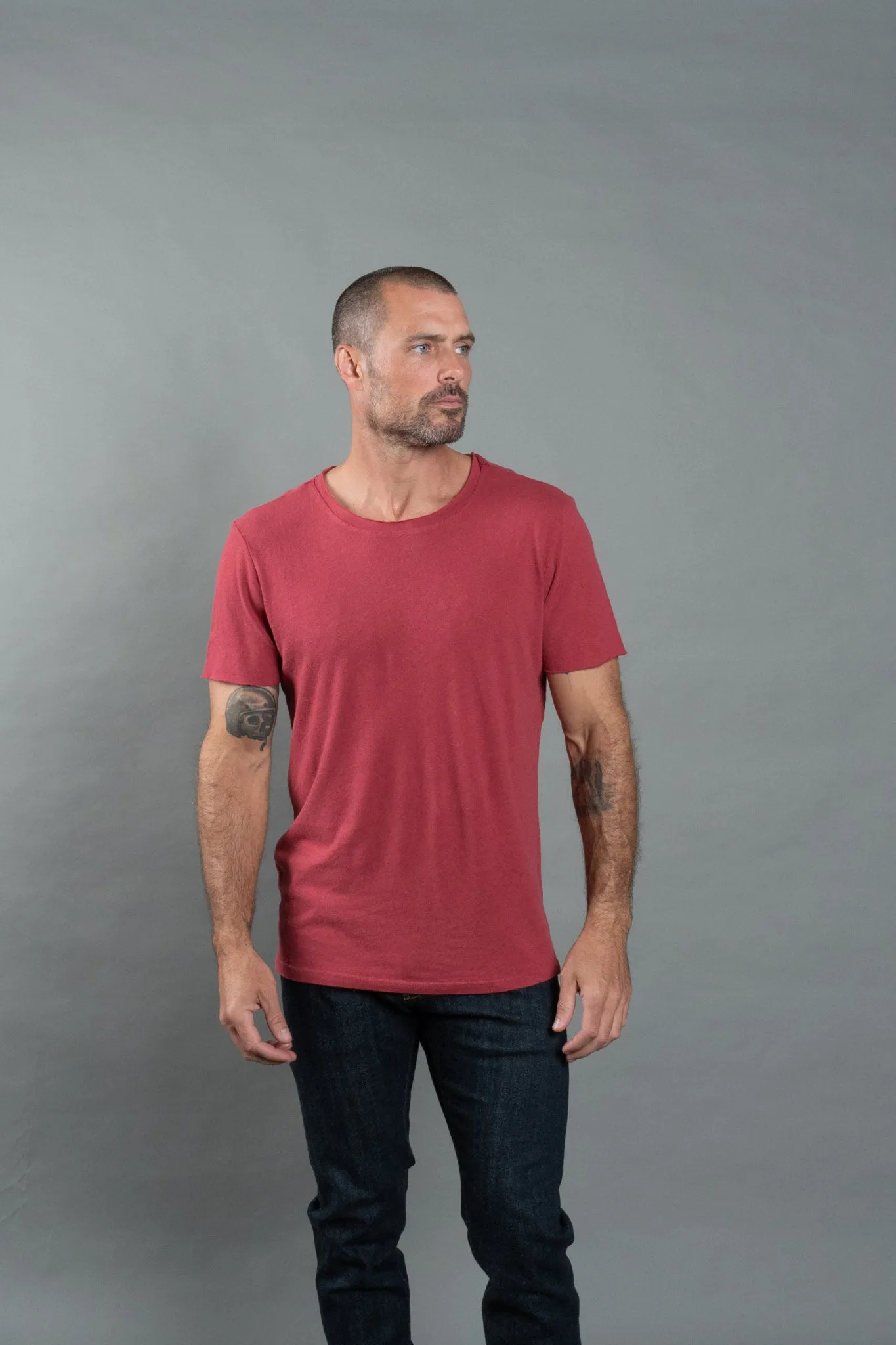 Mens Cotton Linen Wallace Crew Tee with Raw Neck