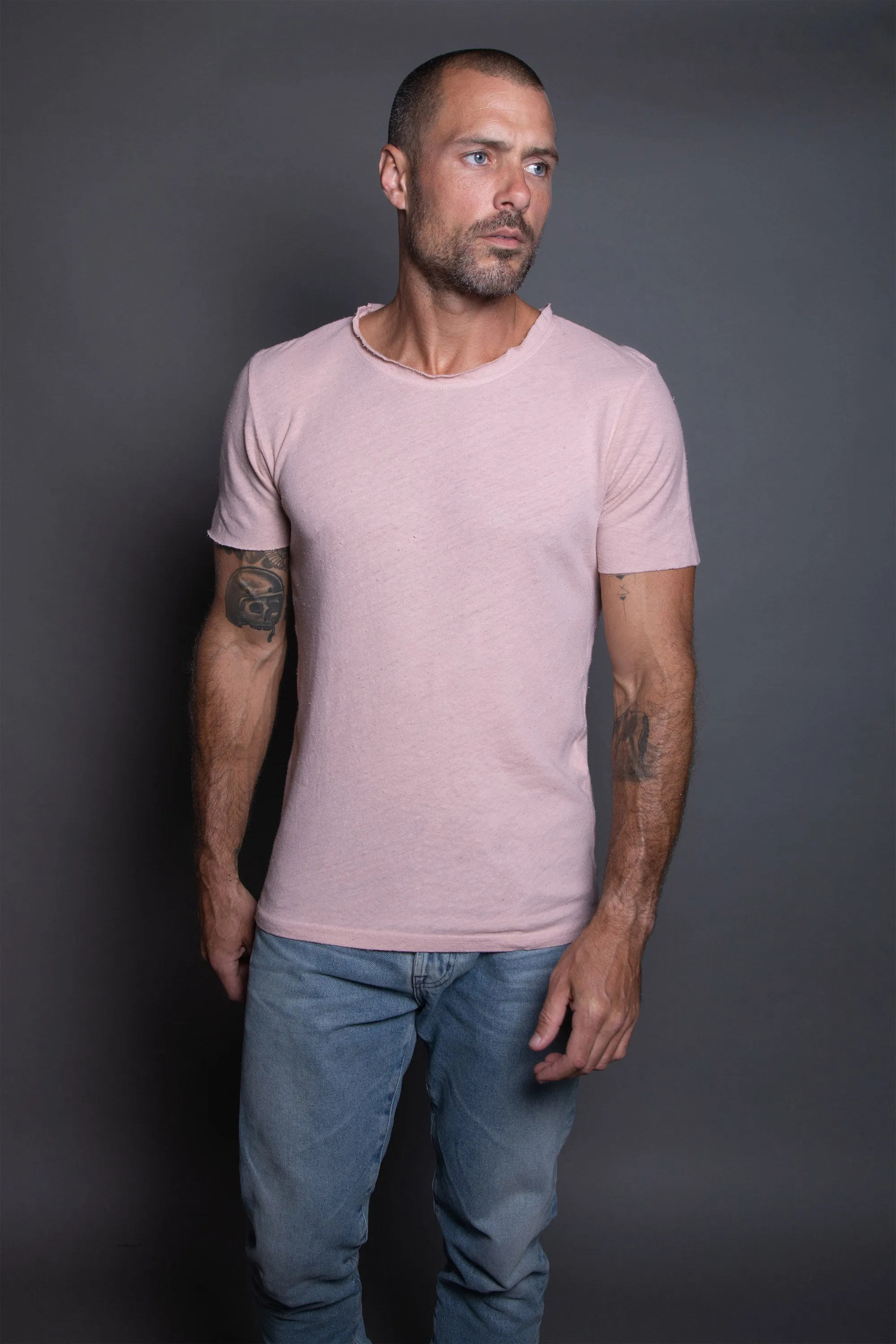 Mens Cotton Linen Wallace Crew Tee with Raw Neck