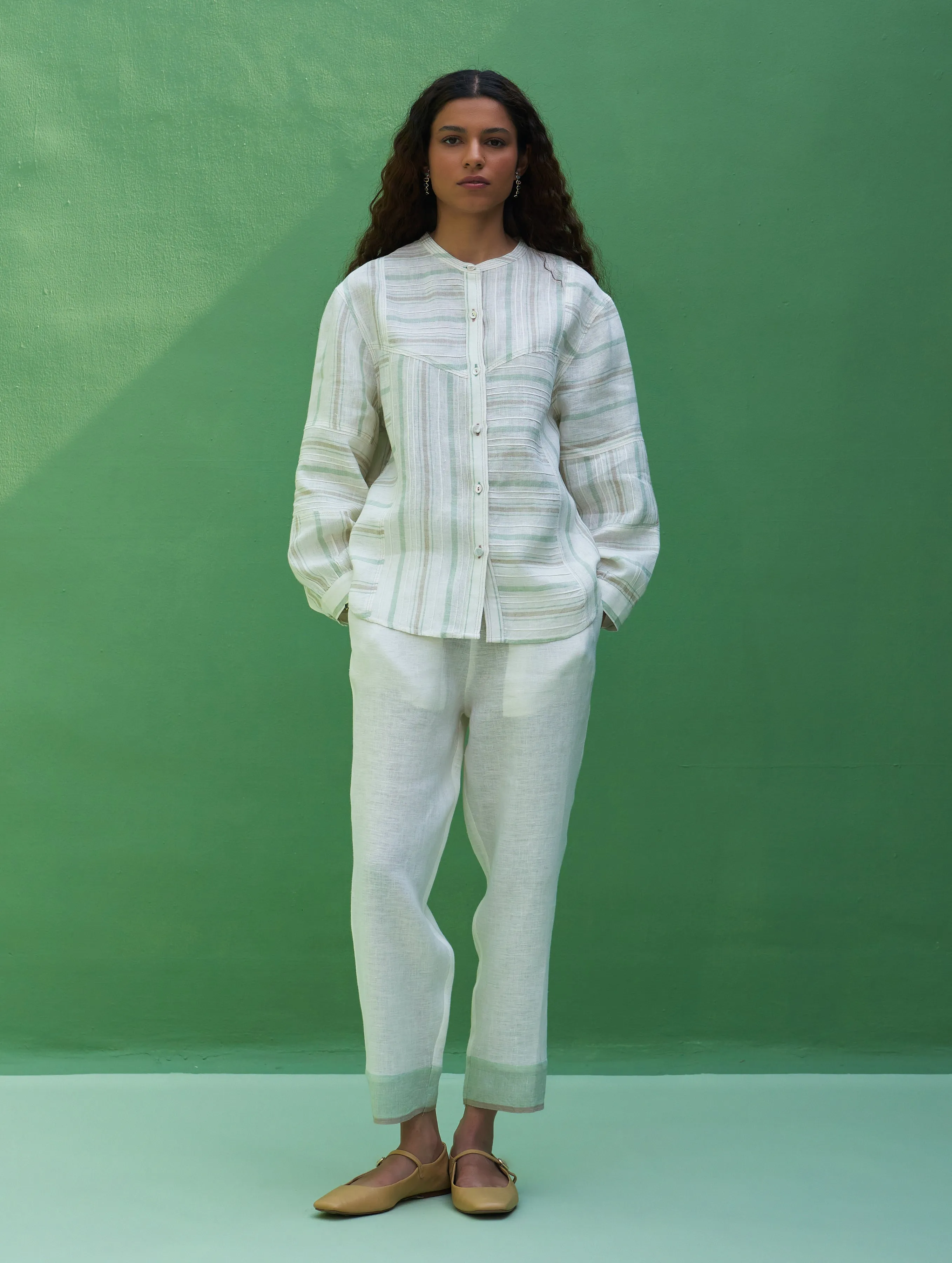 Miyu Pintucked Linen Shirt - Mint