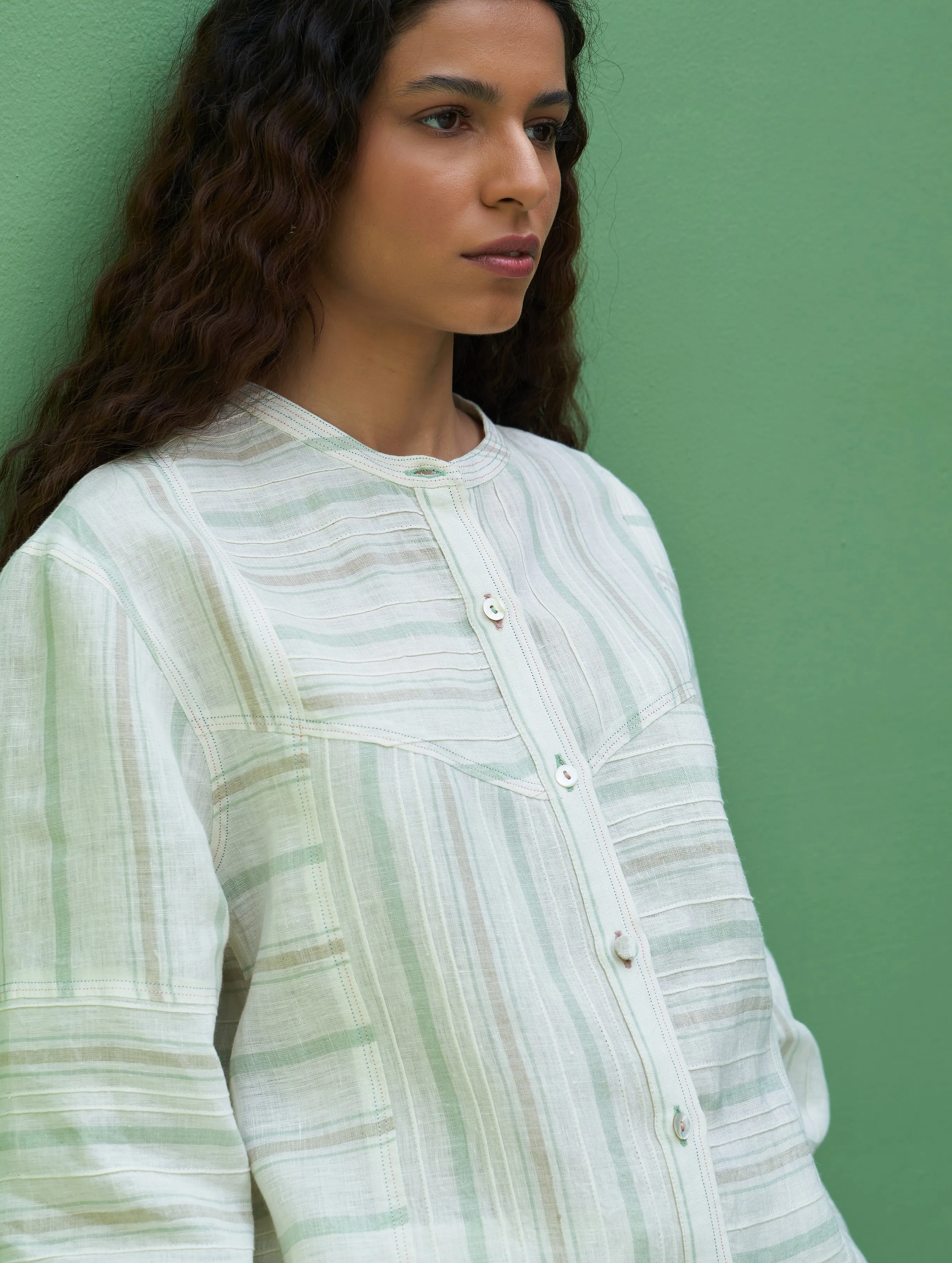 Miyu Pintucked Linen Shirt - Mint