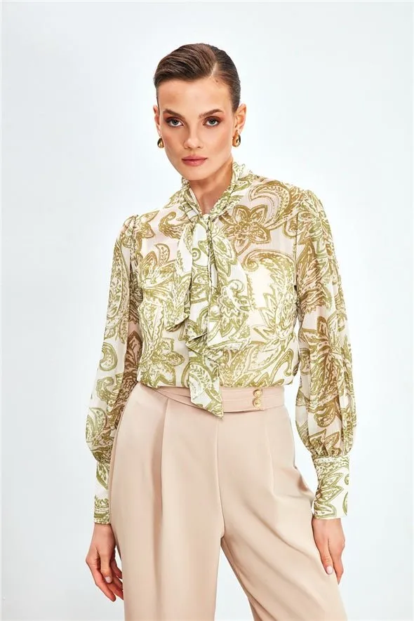 Patterned Georgette Shirt with Bow Tie Neck and a Cami - Green