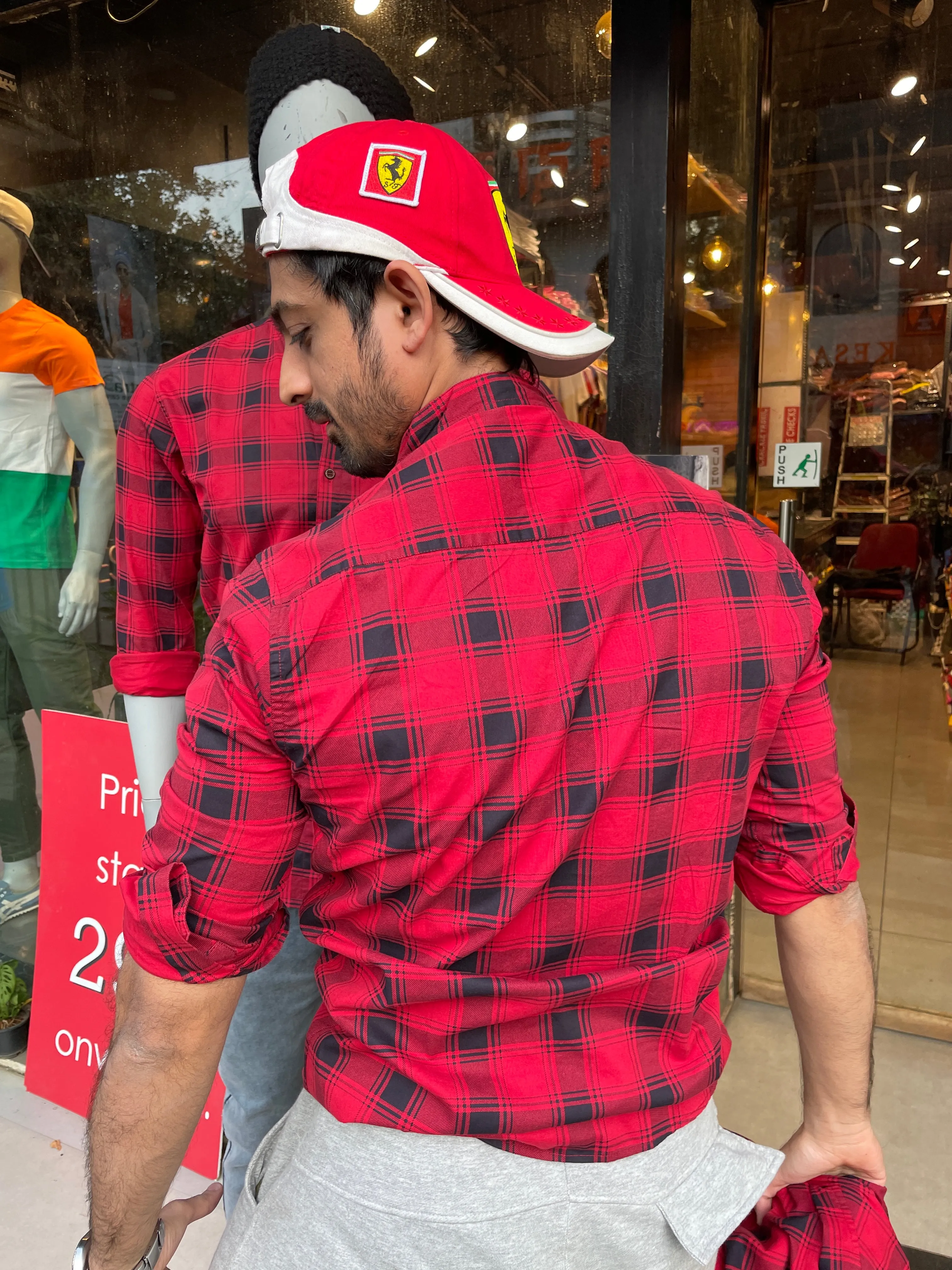 Red/Black Chinese Collar Checks Shirt