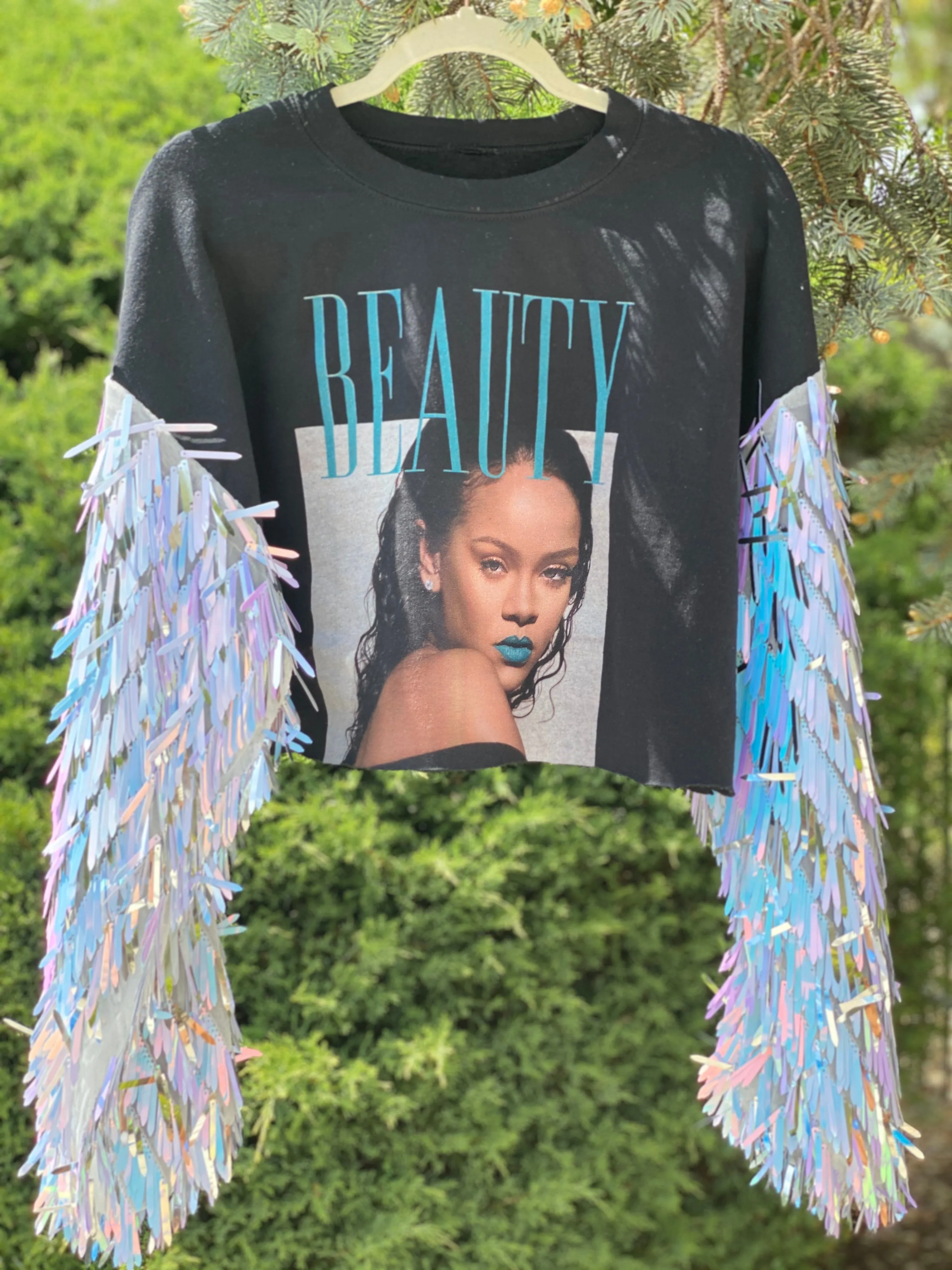 RIHANNA Fringe Sequin Cropped Sweatshirt