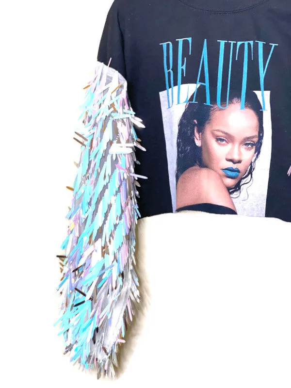 RIHANNA Fringe Sequin Cropped Sweatshirt