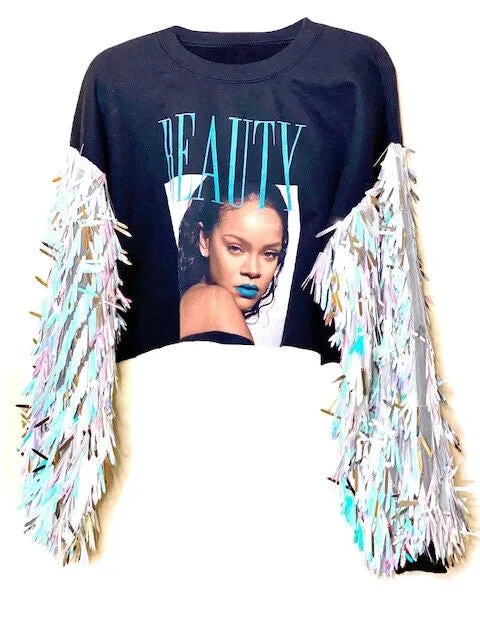 RIHANNA Fringe Sequin Cropped Sweatshirt